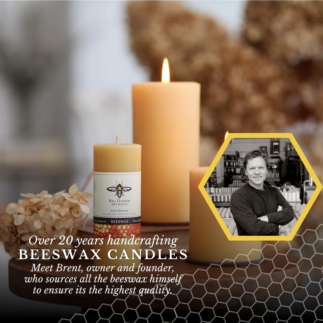 Big Dipper Wax Works 100% Pure Beeswax Pillar Candle, Extra Large 3" x 9", 110 Hour Burn, Handcrafted Honey Aroma, Clean Soot-Free, Eco-Friendly Cotton Wick for Home Décor, Weddings & Meditation