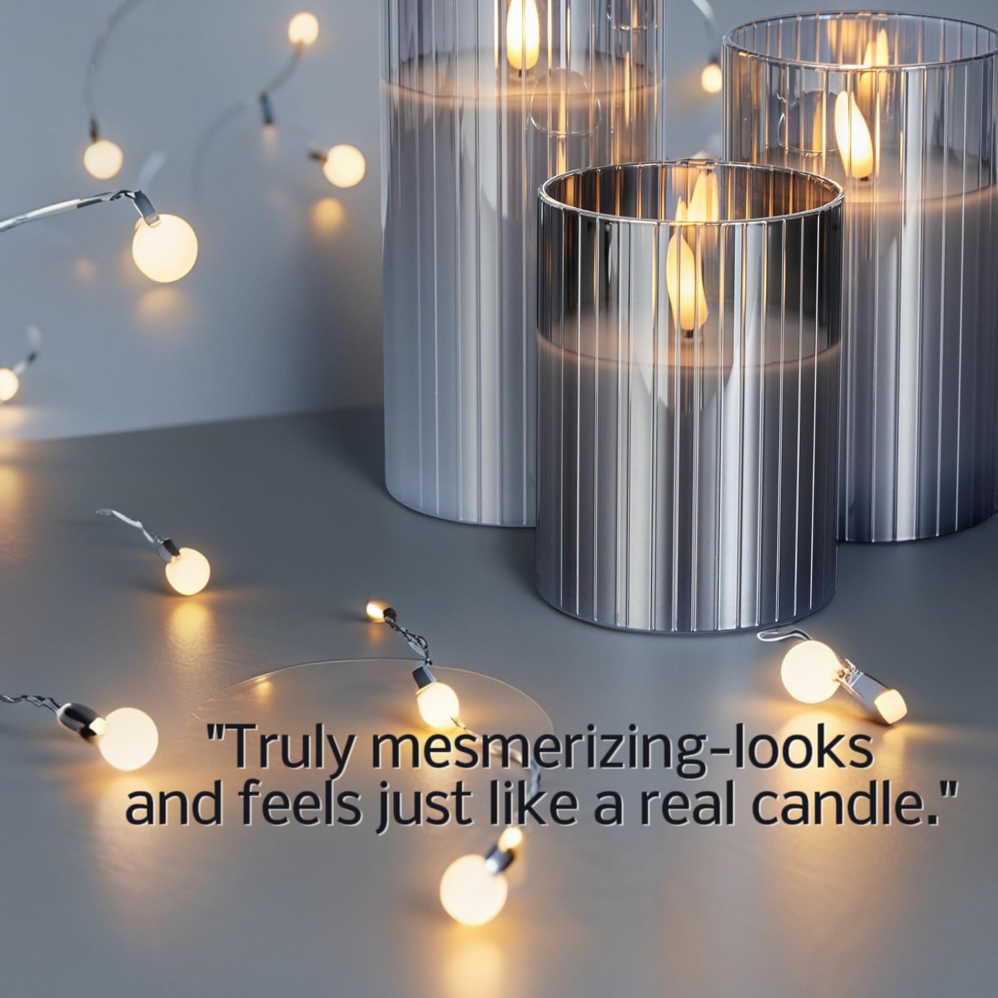 VENTA Flickering Flameless Candles With Remote Control - Led Candles Battery Operated - Battery Operated Candle For Decoration Table, Timer & Dimmer Features, Set - 3Pcs (4",5",6") (Grey Ribbed Glass)
