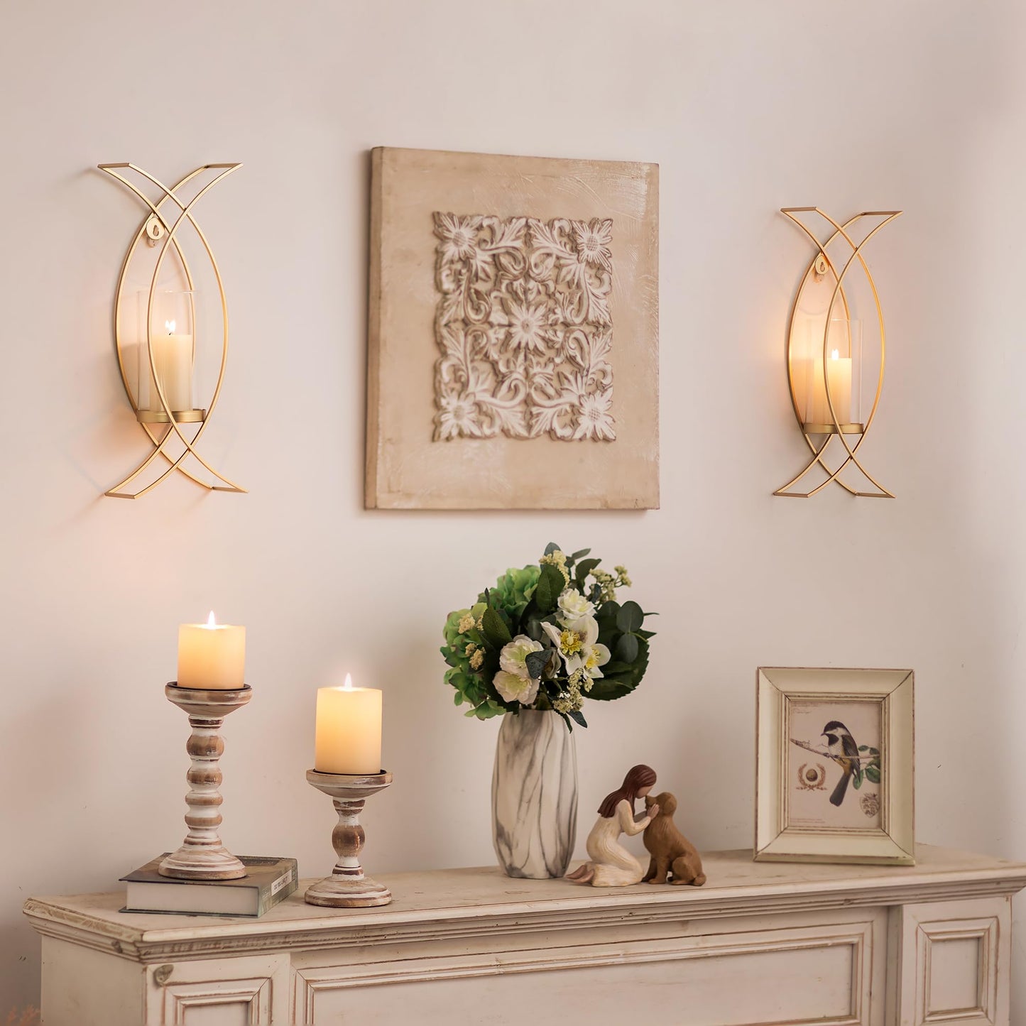 Walasis Candle Sconces Wall Decor Set of 2: Wall Hurricane Candle Holder Modern Metal Wall Mounted Gold Sconces Decorations for Living Room Bedroom Bathroom Hallway Outdoor