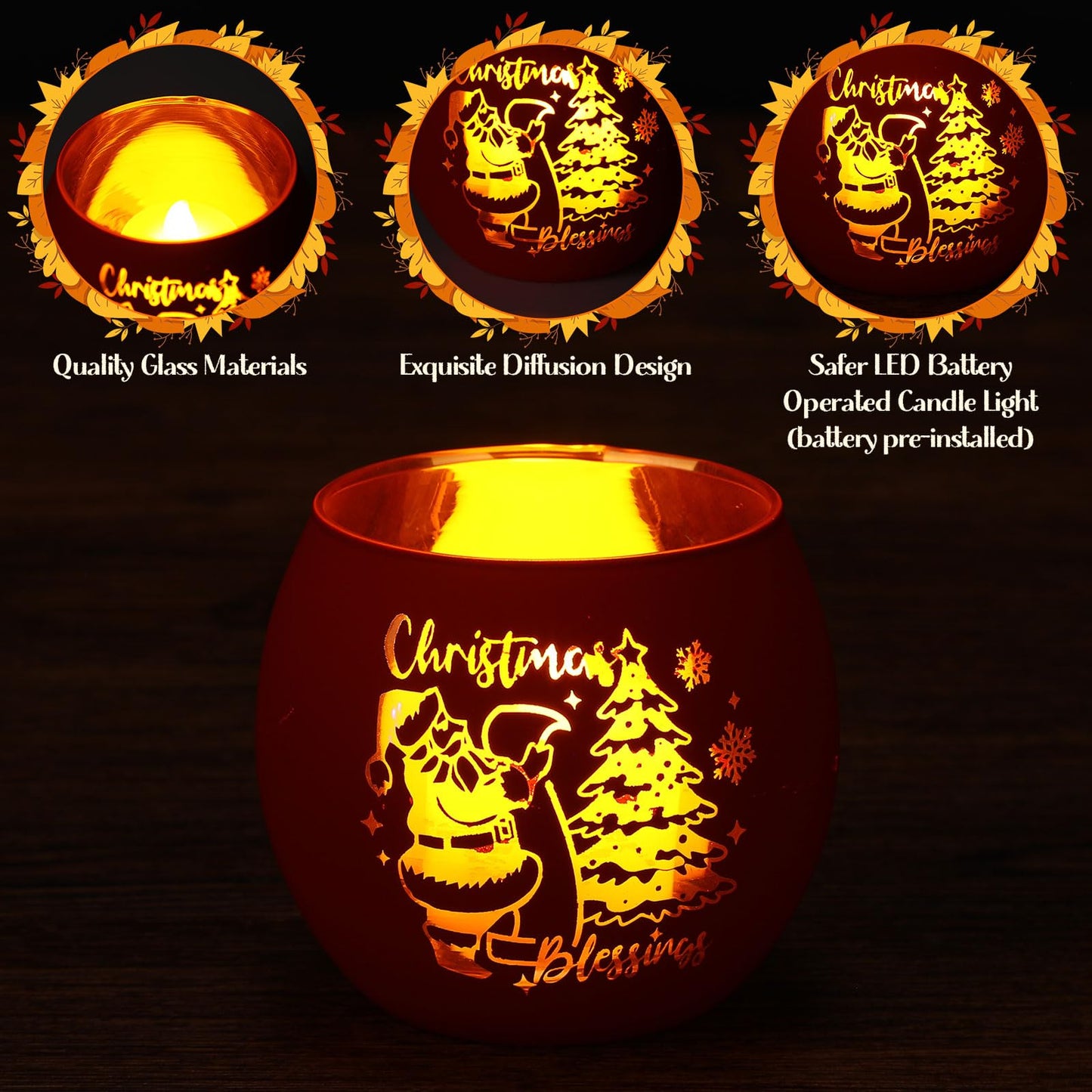 VIHOSE 6 Set Christmas Votive Candle Holders Xmas Red Green White Glass Tea Light with LED Battery Operated Candles Flameless Lights Christmas Table Decorations for Home Table Centerpiece Decor Gifts