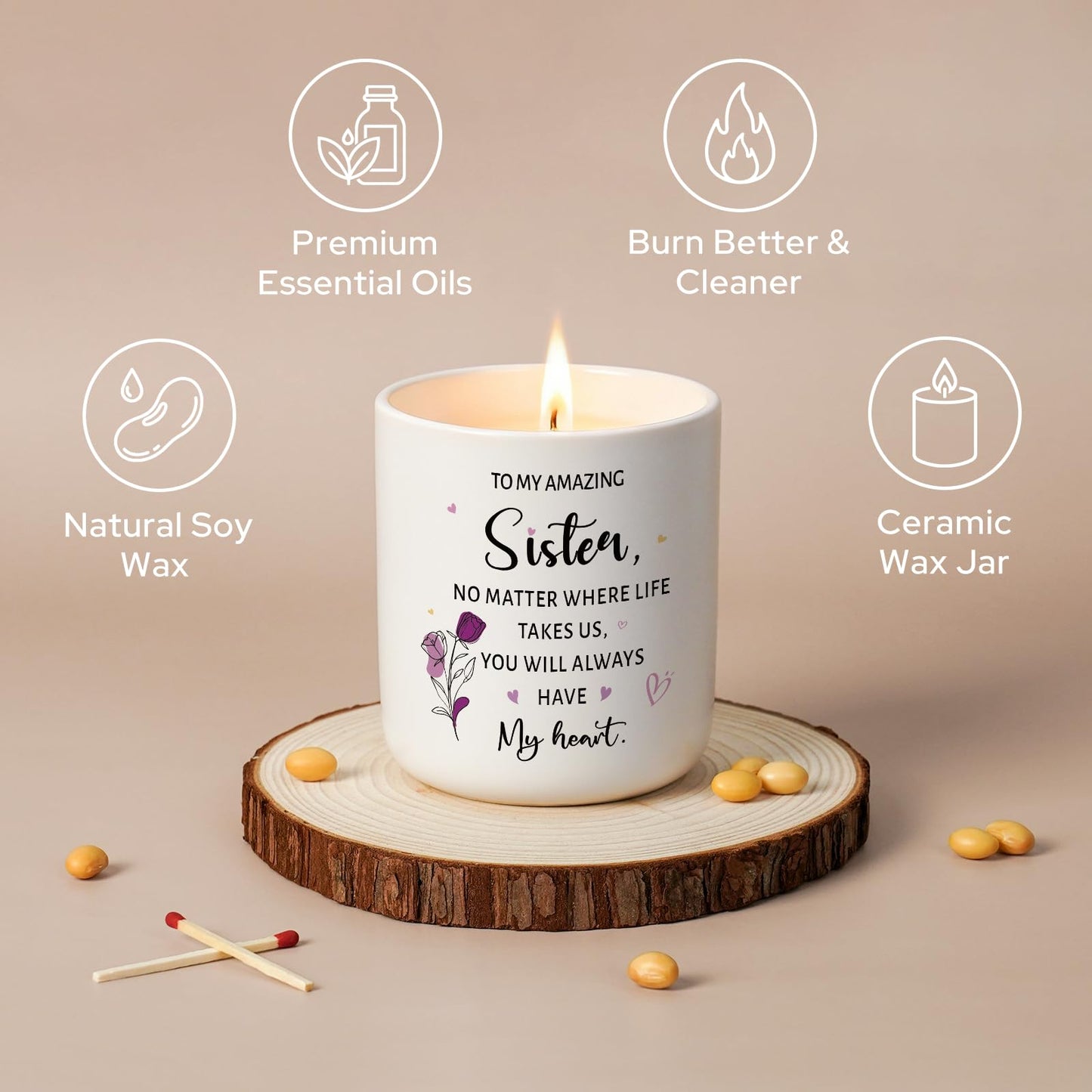 Sister Gifts from Sister or Brother, Unique Birthday Gifts for Sisters, 7oz Lavender Scented Candle in Ceramic Jar, Thank You Soul Sisters Gift for Women