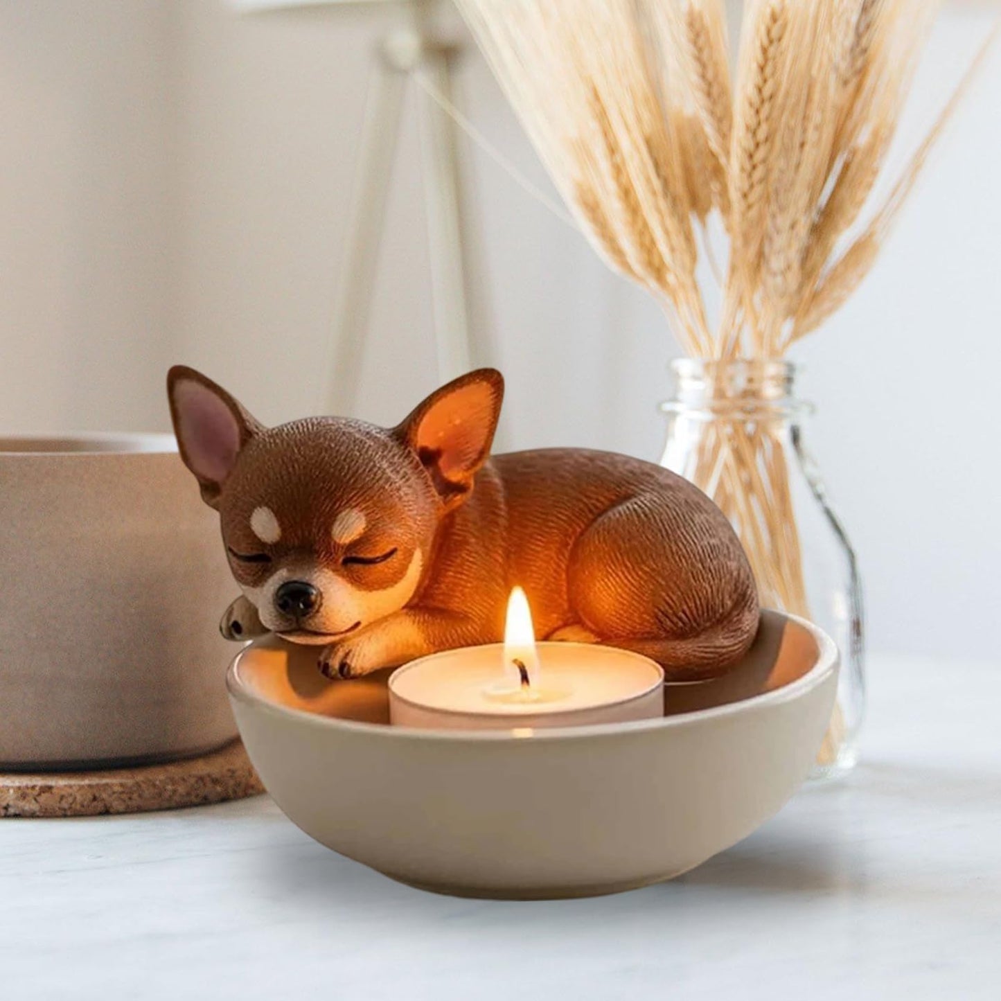 Adorable Dog Tealight Candle Holders, Hand-Painted Pup Animals Tea Light Holder Resin Candlestick Ornaments for Home, Table