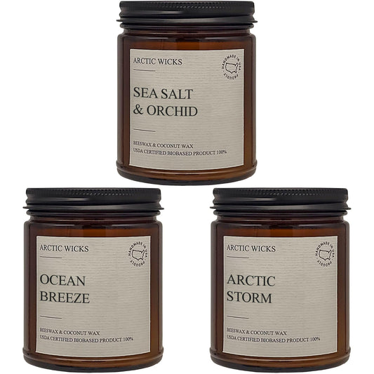 Arctic Wicks 3 Pack Spring Candle Set - Sea Salt & Orchid, Ocean Breeze & Arctic Storm | Coconut Beeswax Candles | 9oz Amber Jar | Farmhouse Candles Non-Toxic Clean Burn 100% USDA Certified Biobased