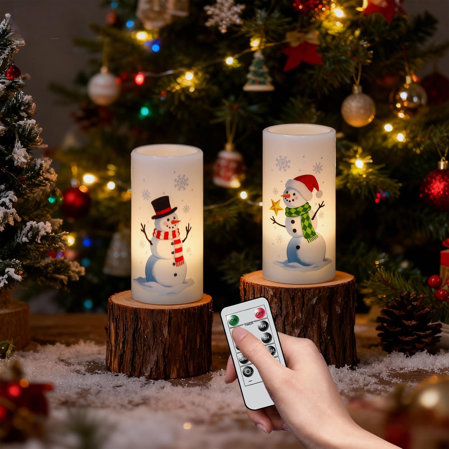 Eldnacele Christmas Snowman Flameless Candles Battery Operated with Remote and Timer Real Wax Flickering LED Pillar Candles Xmas Holiday Indoor Decor(2 Pack, 3" D x 6" H)