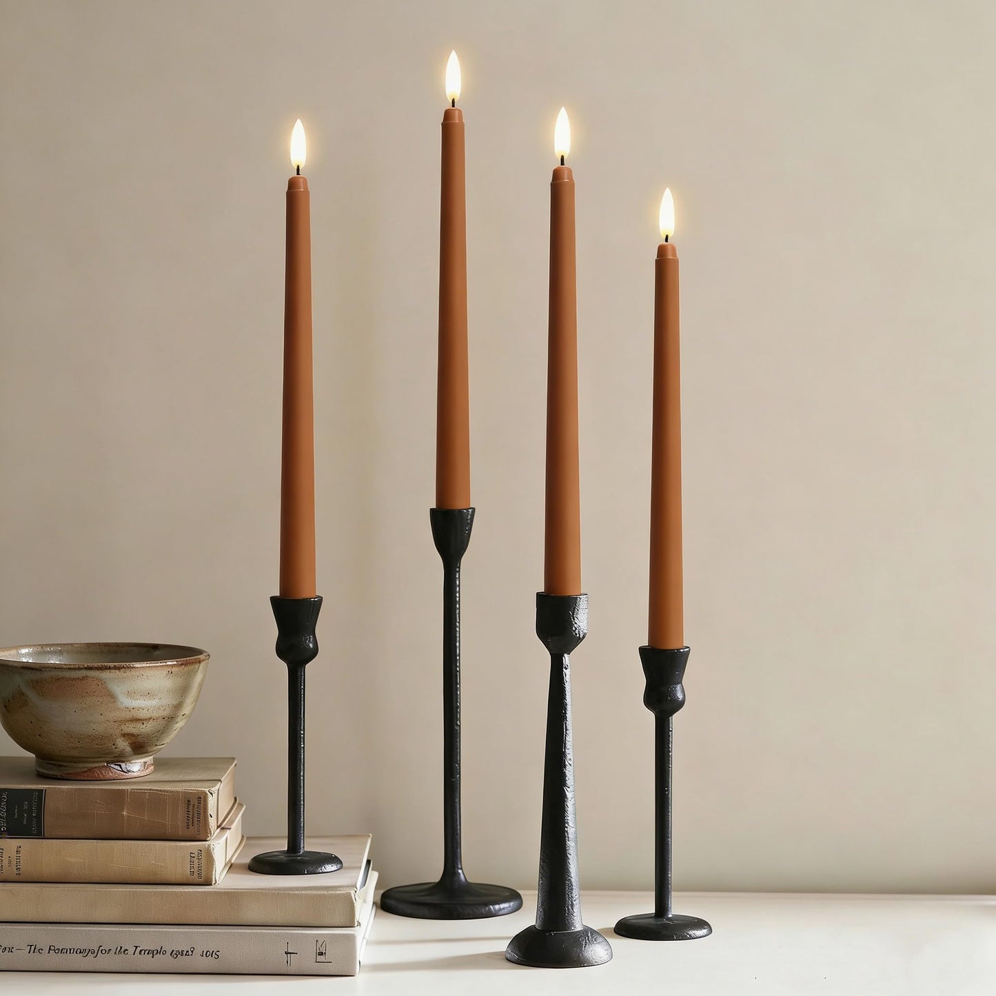 Ni-JASW Brown Flameless Taper Candles with Remote, Flickering Battery Operated LED Candlesticks Home Decor Set of 4