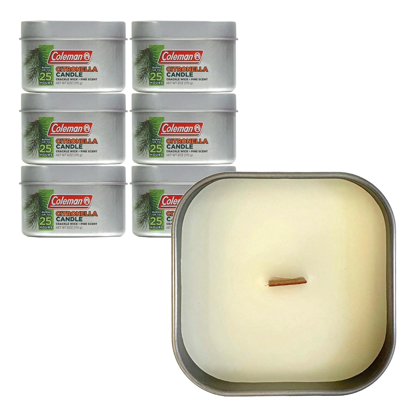 Coleman Scented Outdoor Citronella Candle with Wooden Crackle Wick, Pine Scent, 6 oz (Pack of 6)