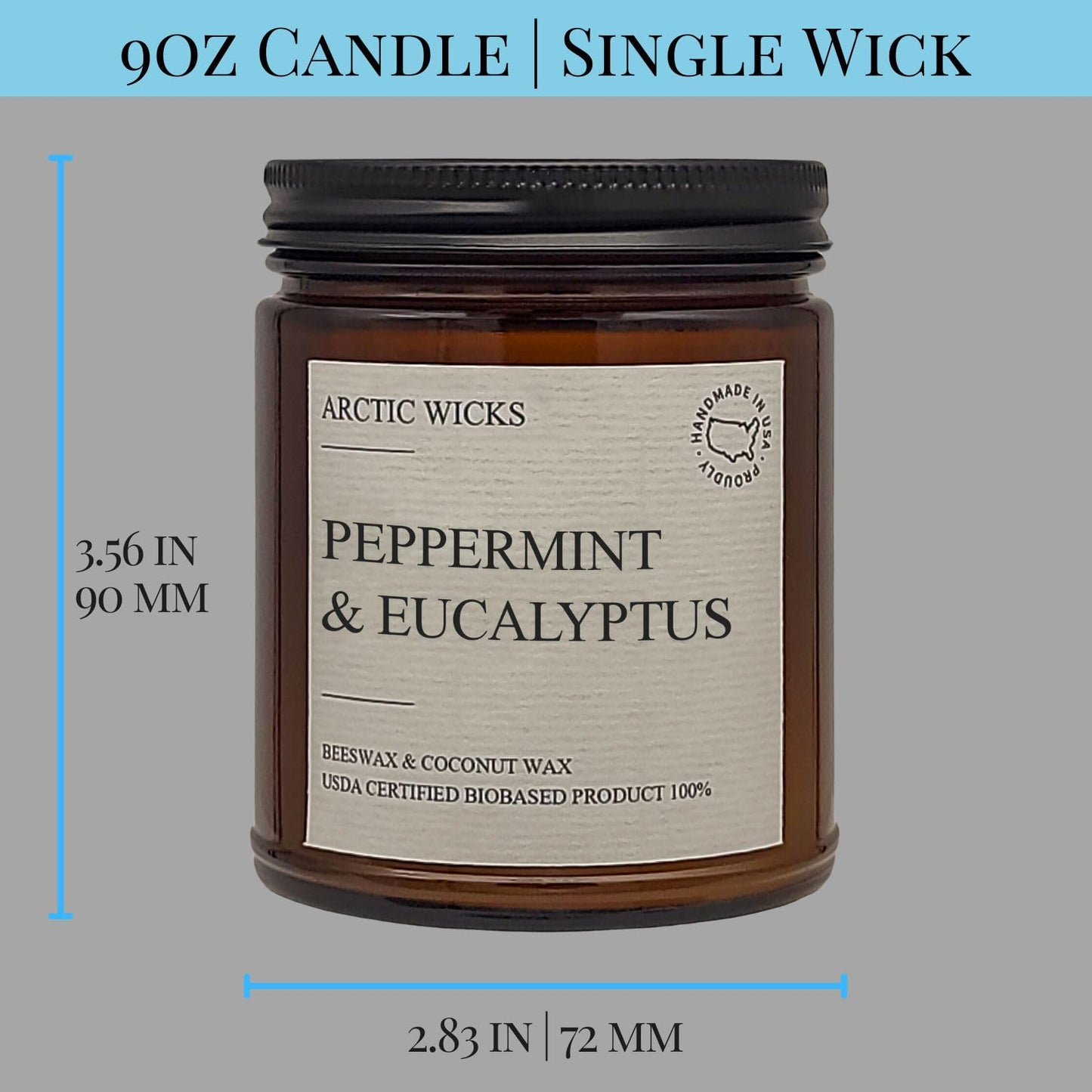 Arctic Wicks Peppermint & Eucalyptus Candle | 9oz Amber Jar | Arctic Wicks Handmade Scented Natural Coconut Beeswax Candles | Prefect Gift For Spa Lovers Non-Toxic 100% USDA Certified Biobased