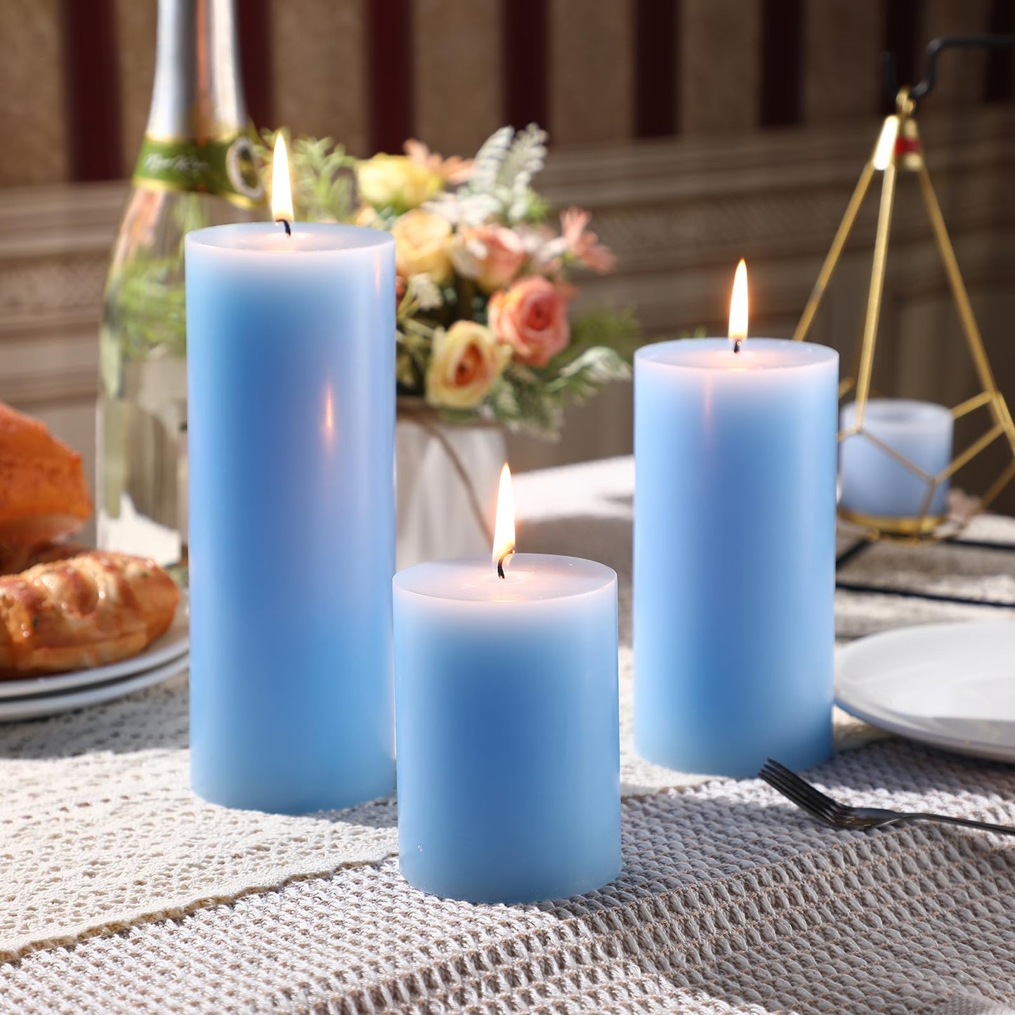 Sumind Set of 12 Pillar Candles Bulk 3"x 4", 6", 8" Dripless Unscented Poured Candles Long Clean Burning Tapers for Wedding Rustic Party Spa Bath Home Decor Relaxation All Occasions(Blue)