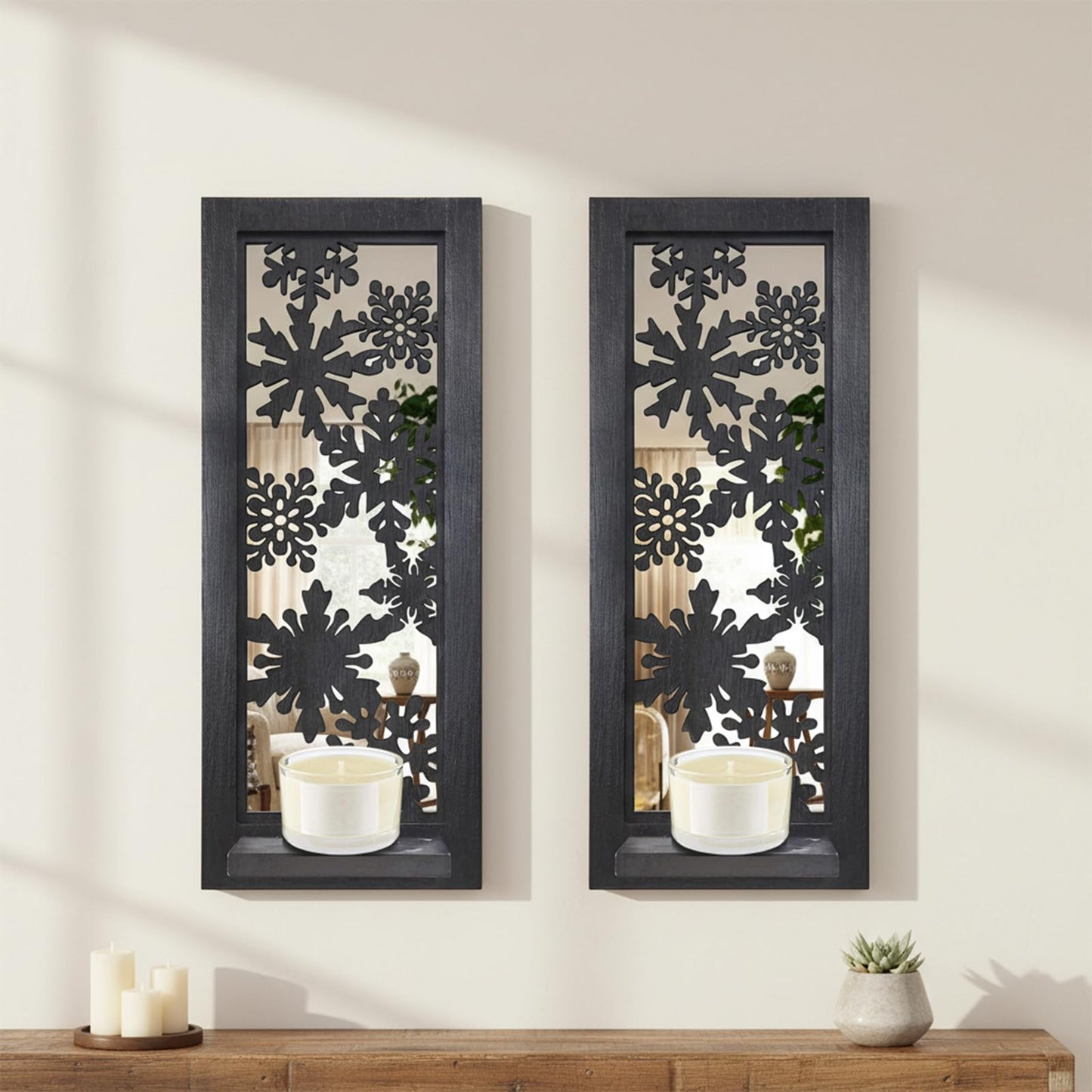 ZEXUIRU 2 Set Rustic Candle Sconces Living Room Bedroom Entryway Wood Mirrored, Farmhouse, Carved Frame Wall-Mount Wooden Candle Holders Wall Decor Hanging Handmade Holder - Black