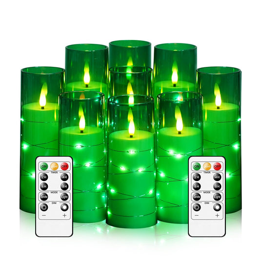 kakoya Flameless LED Candles with Timer 9 Pc Flickering Flameless Candles for Romantic Ambiance and Home Decoration Stable Acrylic Shell,with Embedded Star String，Battery Operated Candles（Green）