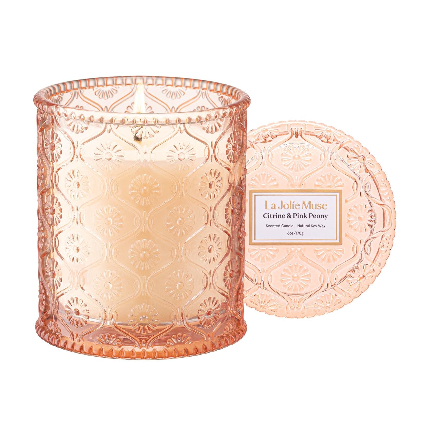 LA JOLIE MUSE Citrine & Pink Peony Scented Candles - Bergamot, Peony, Amber | 6 oz Natural Soy Wax | 40 Hours Clean Burn | Citrus Scented Candle| Gift-Ready for Hosts & Gatherings