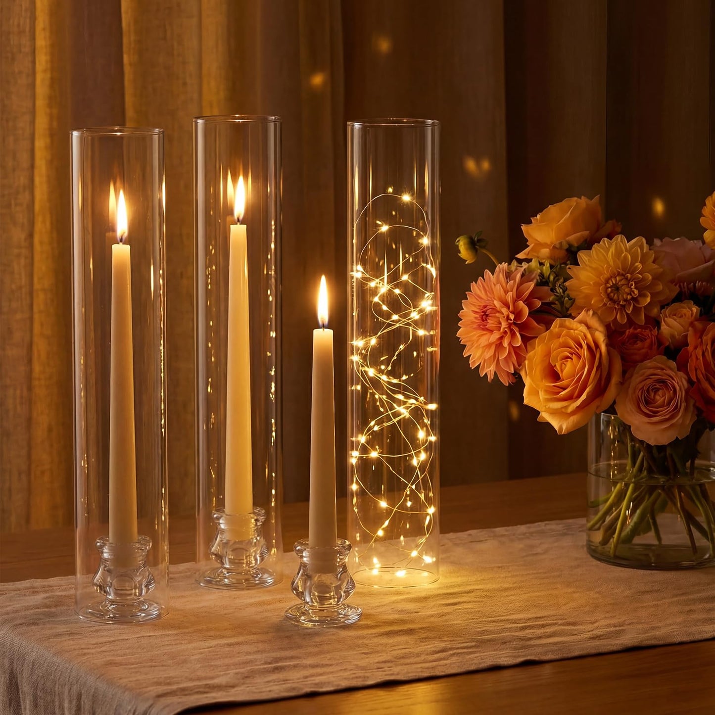 Hurricane Glass Candle Holders - Set of 20 Candlestick Holders for Taper Candles, Clear Candle Holder Bulk with 12” Tall Windproof Cylinder Cover for Festival Wedding Table Centerpiece Party Decor
