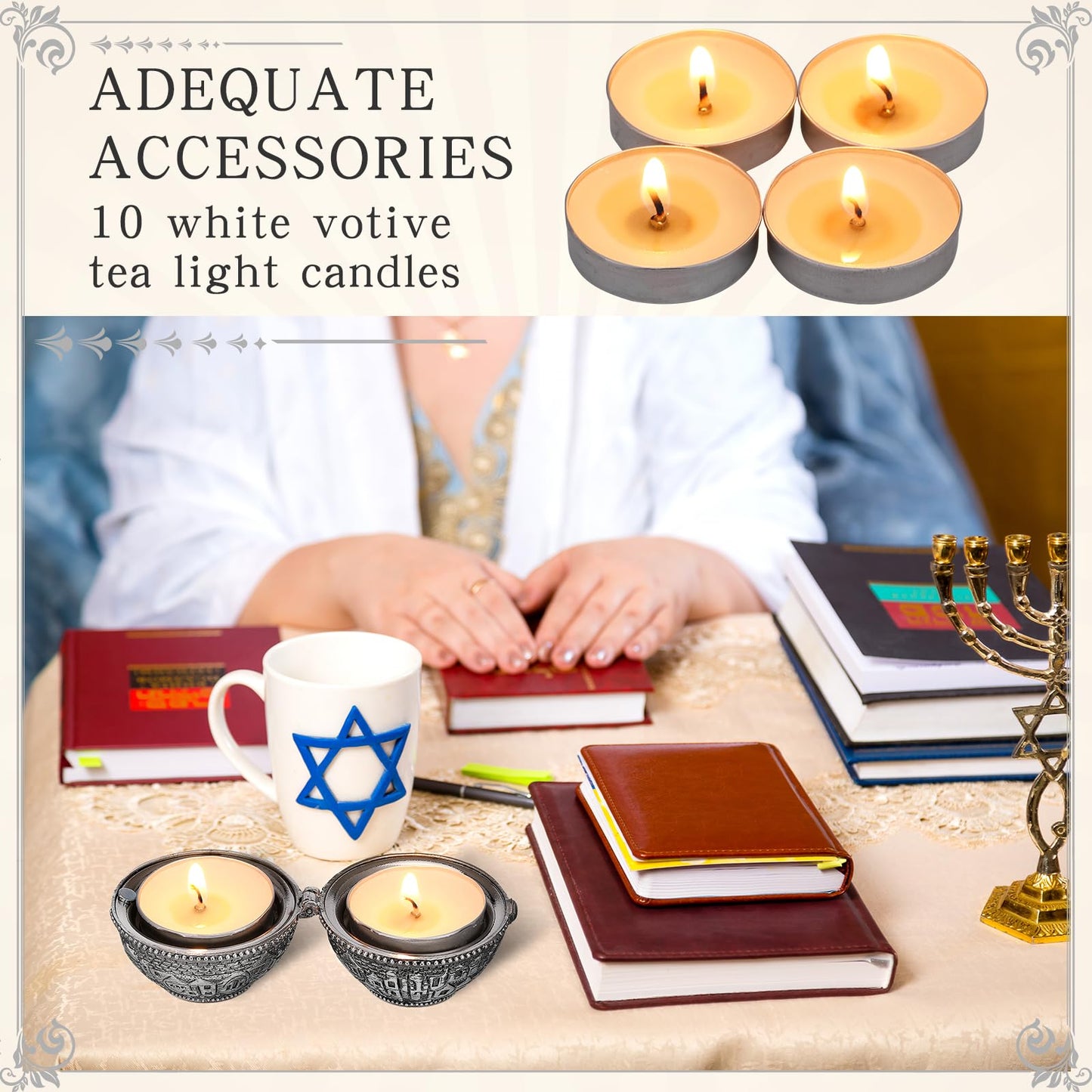 Skybooly Jewish Shabbat Metal Travel Candle Holders Silver Travel Size Jerusalem Candlesticks with 10 Pcs Mini Tealight Candles Small White Votive Tea Lights Candles Unscented Set for Home Shabbat