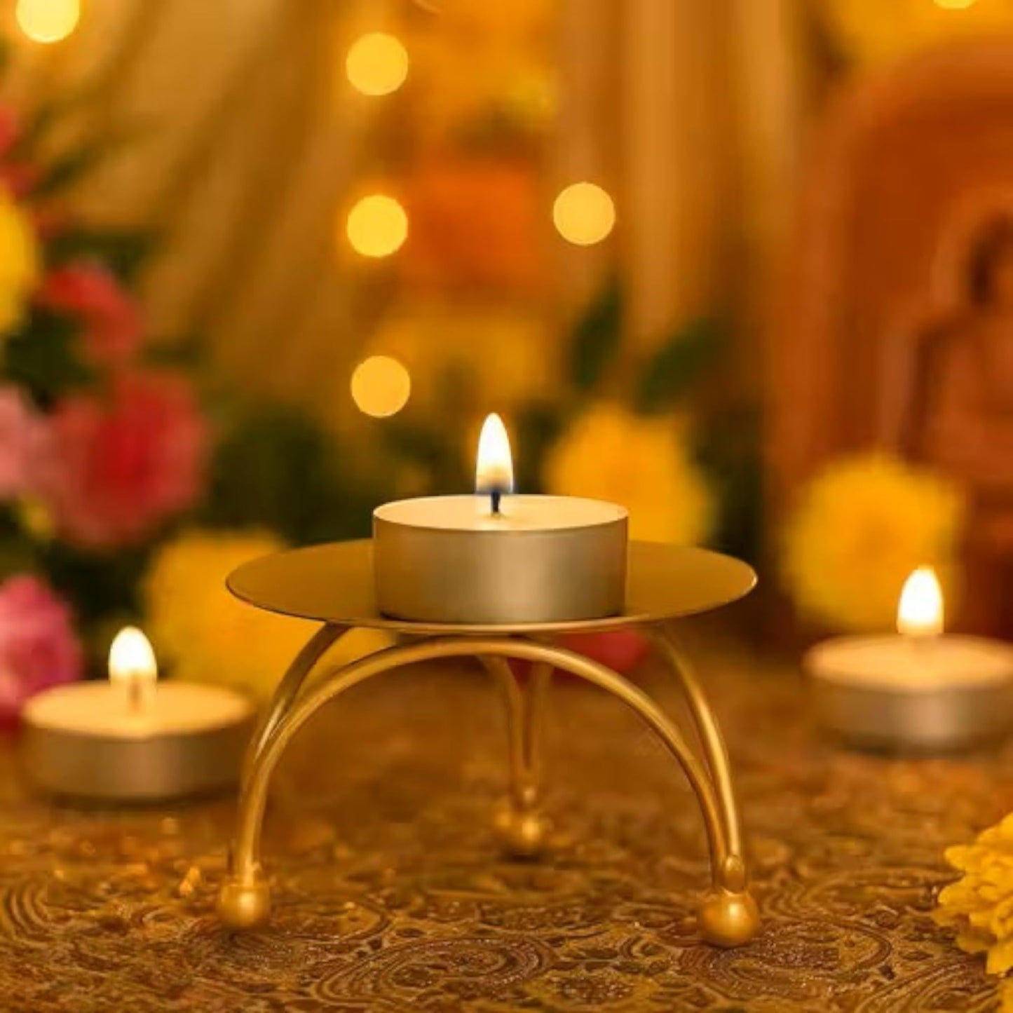 Round Metal Tea Light Candle Holder, Bronze Finish, 3 Inch Diameter, Decorative Stand with Ball Feet