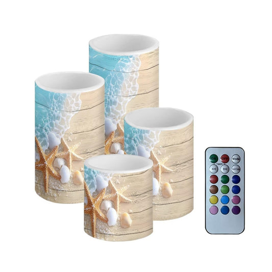 Merkmak 4 Pack Flickering Flamless Candles with Remote Battery Operated Elictric LED Pillar Candles with Timer for Outdoor Beach Wedding Coastal Home Decorations, Ocean Starfish