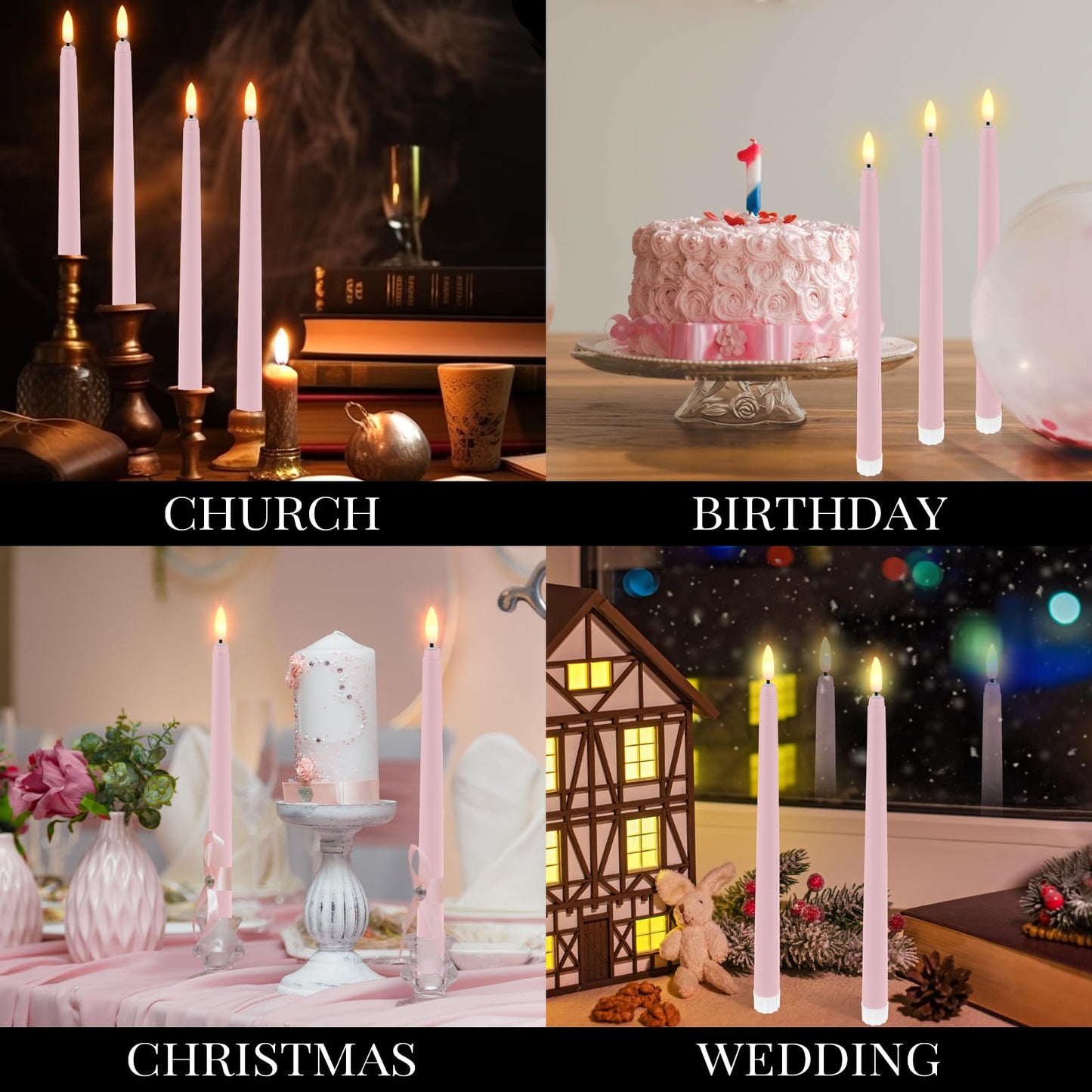 Handepo 48 Pack Flameless Taper Candles Realistic with Yellow Flickering Candlelights Plastic 11 Inch Last Long Battery Operated Window Candlestick for Halloween Christmas(Pink)