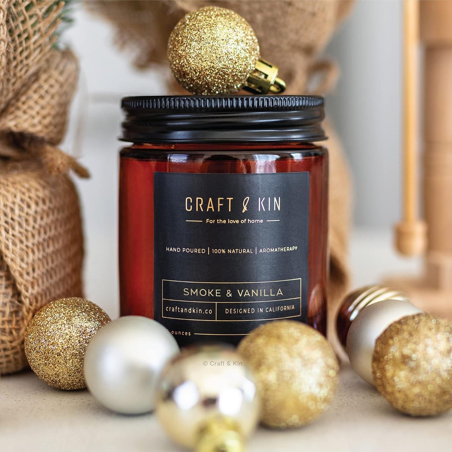 Craft & Kin Scented Candles for Men | Premium Smoke & Vanilla Candle for Home | All-Natural Scent | Long Lasting Winter Candles, 45-Hour Burn Time, 8oz
