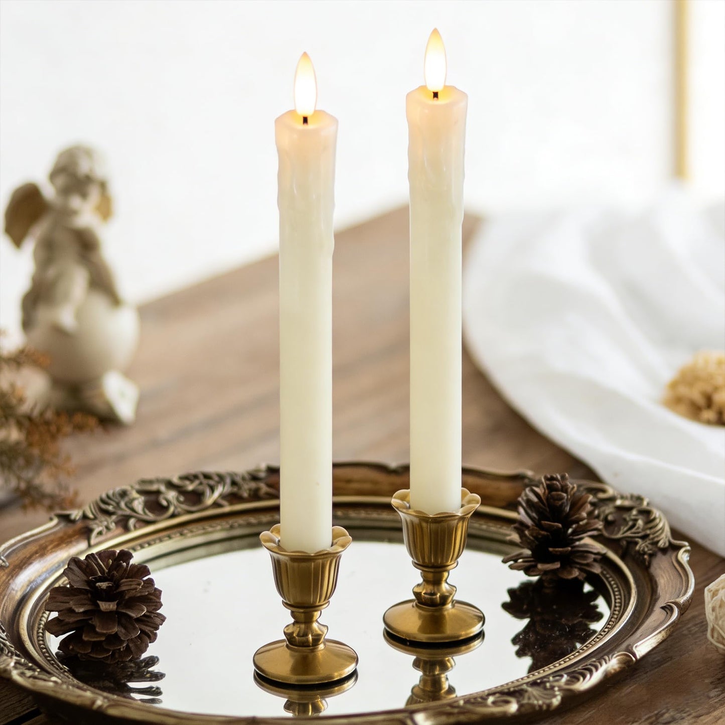Lezonic Flameless Taper Candles with Remote Timer, Real Wax Battery Operated Flickering LED Fake Candles for Dining Table Centerpiece Wedding Christmas Mantel Decor, 0.8 x 9.5 inch