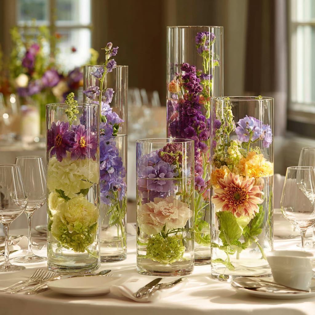Zomiol 30pcs Glass Cylinder Vase for Centerpieces, 6,8,10,10,12 inch Tall Big Clear Flower Vase Bulk Floating Candle Holder for Wedding Table Home Décor and Party