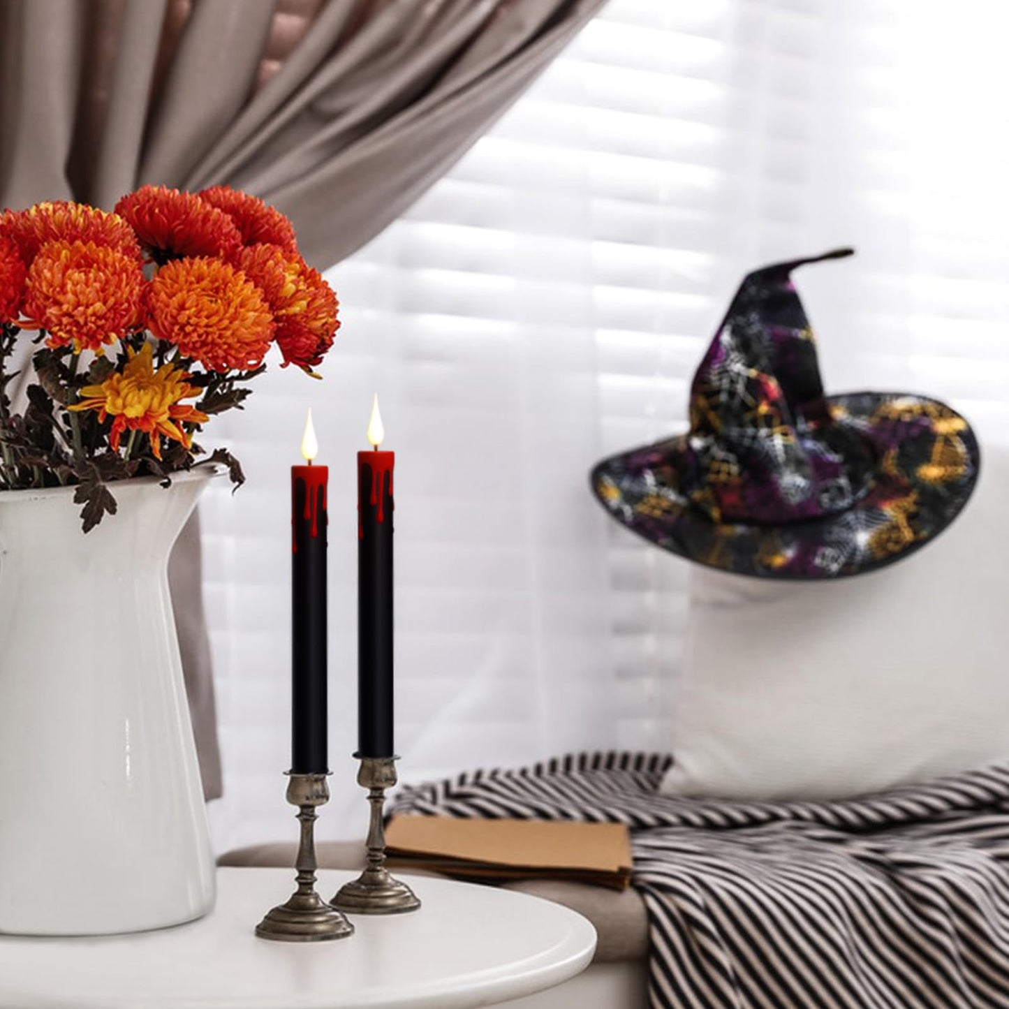 Lasumora Halloween Black Flameless Taper Candles Flickering with Remote Timer, Battery Operated Led Taper Candle, 4 Pcs Drip Wax Candlesticks for Halloween Decor Horror Party Table Window Decoration