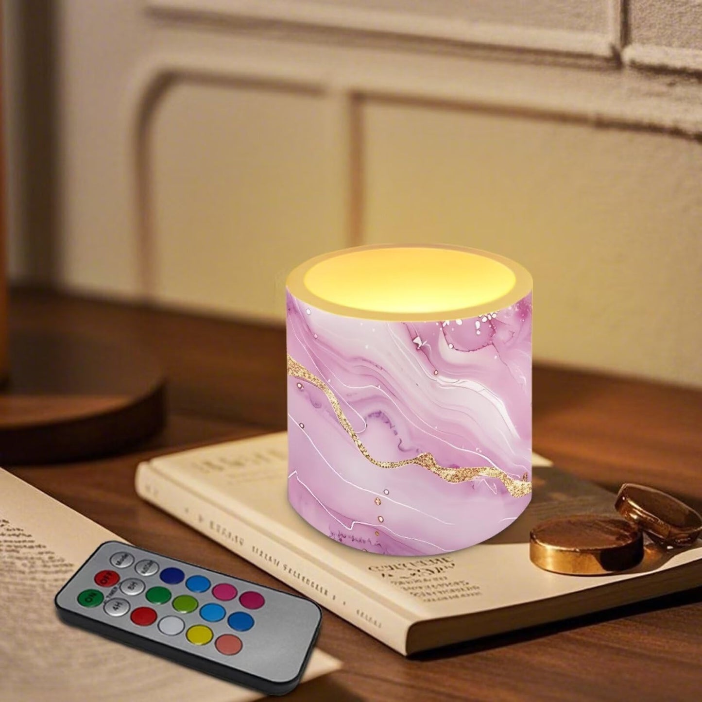 NETILGEN 4 Pieces Flameless Candles with Remote Timer with Battery Operated LED Pillar Candles 3 inch Realistic Flickering Flameless Candles Colorful Marble Print