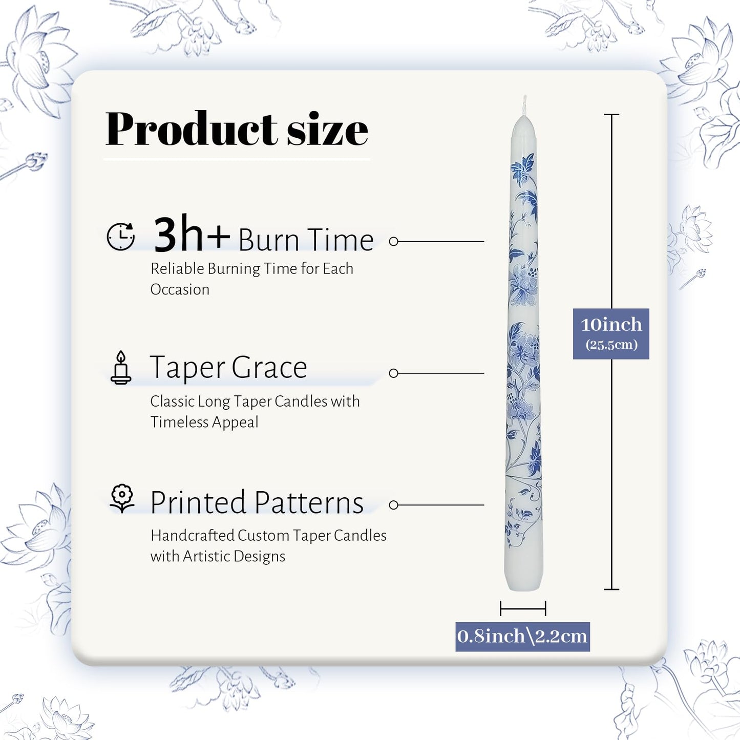 Blue and White Porcelain Taper Candles 10 Inch Print Candle Handmade Unscented Lotus Pattern Long Candles 2 Pack Twisted Candlesticks for Wedding Home Decoration Gifts
