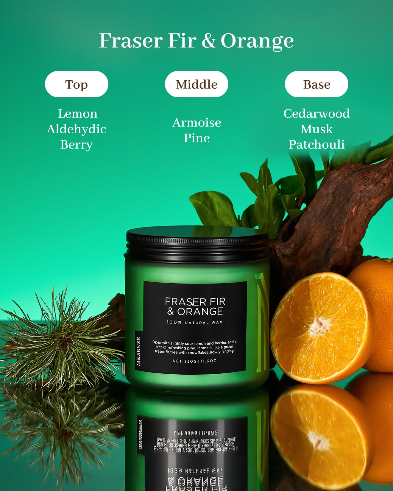 M&SENSE Fraser Fir Pine Scented Candle, Natural Soy Wax Non Toxic Candles 70 Hours 2 Cotton Wick 11.6oz Cozy Home Fragrance Aromatherapy Candle for Birthday Holiday Gifts for Mom Women