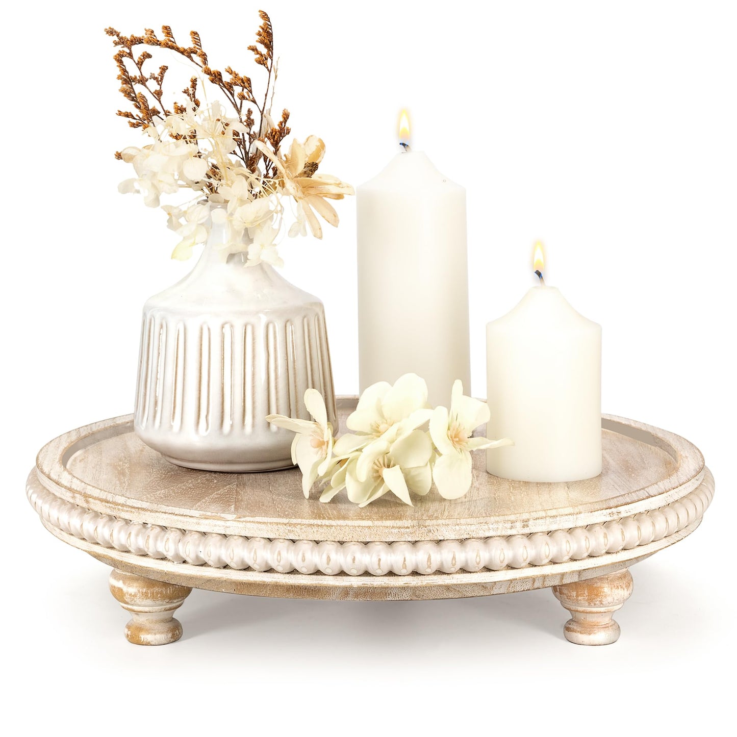 EOSAHR Rustic Round Pine Wooden Display Riser – Farmhouse Beaded Wooden Trays For Decor, Plant Stand & Coffee Table – Display Risers for Room Decor & Kitchen Organizer (Light-Natural)