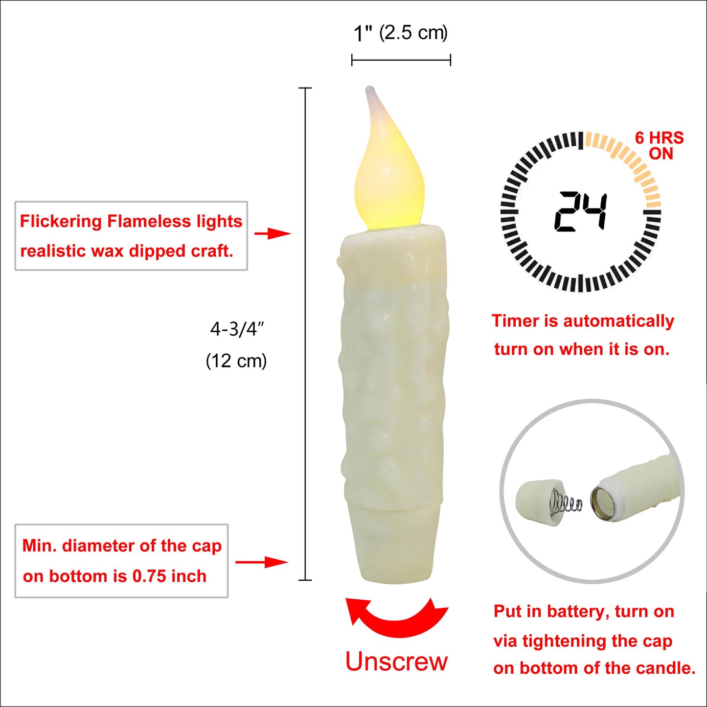 CVHOMEDECO. Real Wax Hand Dipped Battery Operated LED Timer Taper Candles Country Primitive Flameless Lights Décor, 4-3/4 Inch, Ivory, 3 PCS in a Package