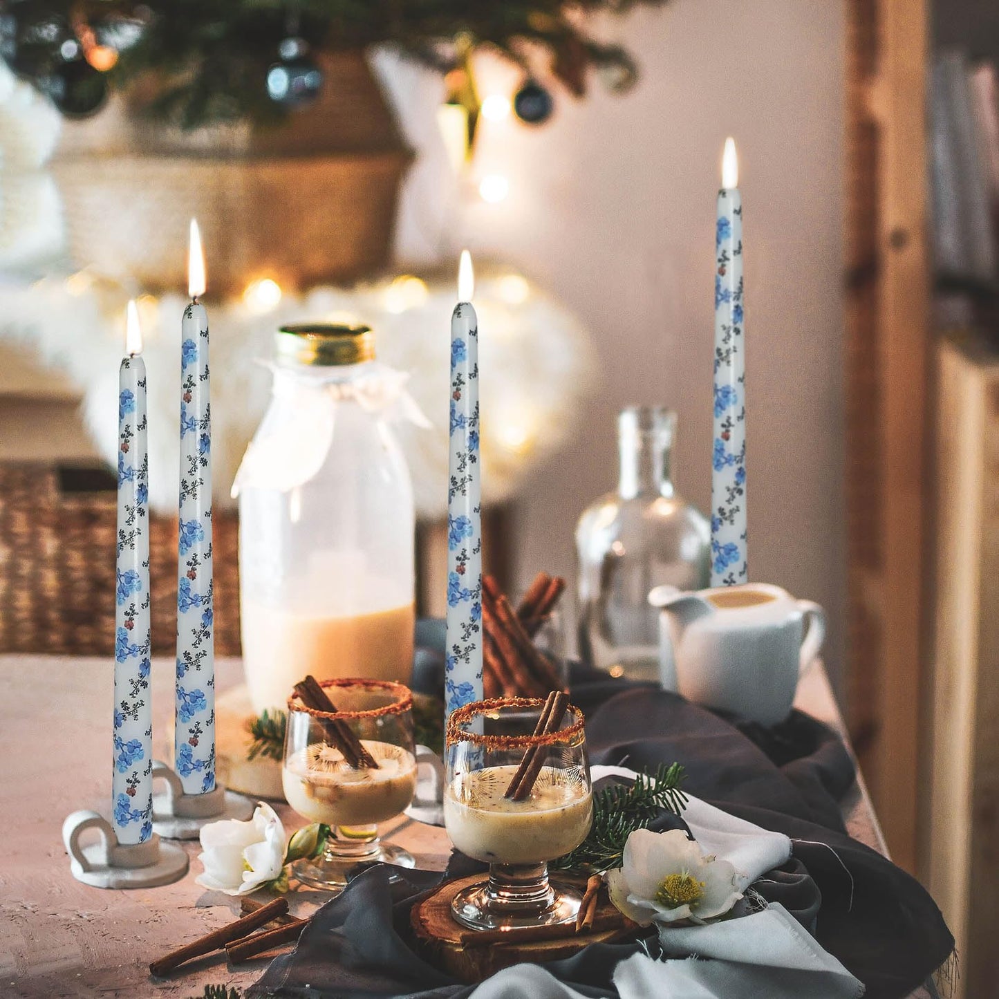 Unscented Floral Taper Candle Spiral Candlesticks - Set of 4 Handmade Blue Red Flower 10 Inch Long Candle Sticks Print Tapered Candles for Home Wedding Dinner Gifts