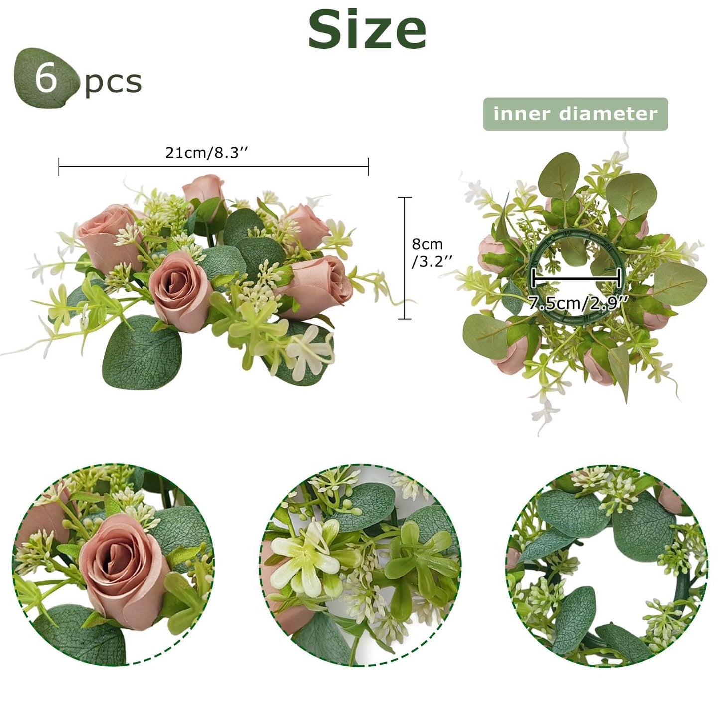 OrgMemory 6 Pcs Candle Rings, Artificial Eucalyptus Leaves Wreath, Pillar Candle Holder for Wedding Home Door Tabletop Decoration, Small Candle Rings Wreaths(Dusty Rose)