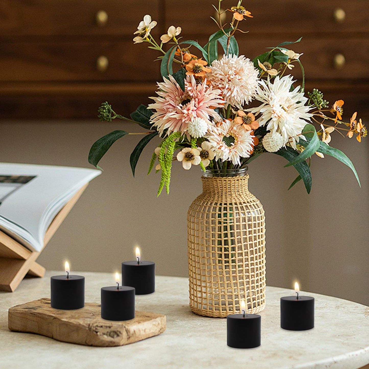9 Packs Black Votive Candles, Unscented Small 1.5 Inch by 1.25 Inch Wax Candles for Halloween, Wedding, Party, Home Table Decor - 8 Hours Burn Time