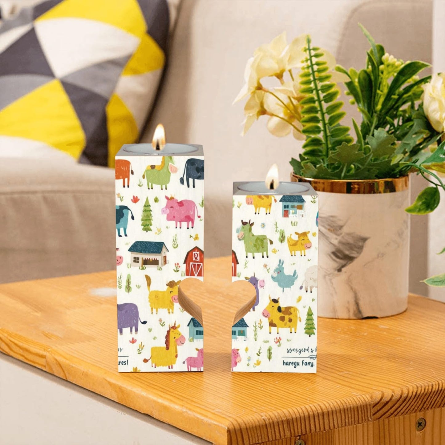 pnyoin Cartoon Farm Animals Candle Holders Gift for Women Wooden Heart Candlestick Personalized Christmas Birthday Graduation Friendship Gifts Home Wedding Dinning Party Decorative