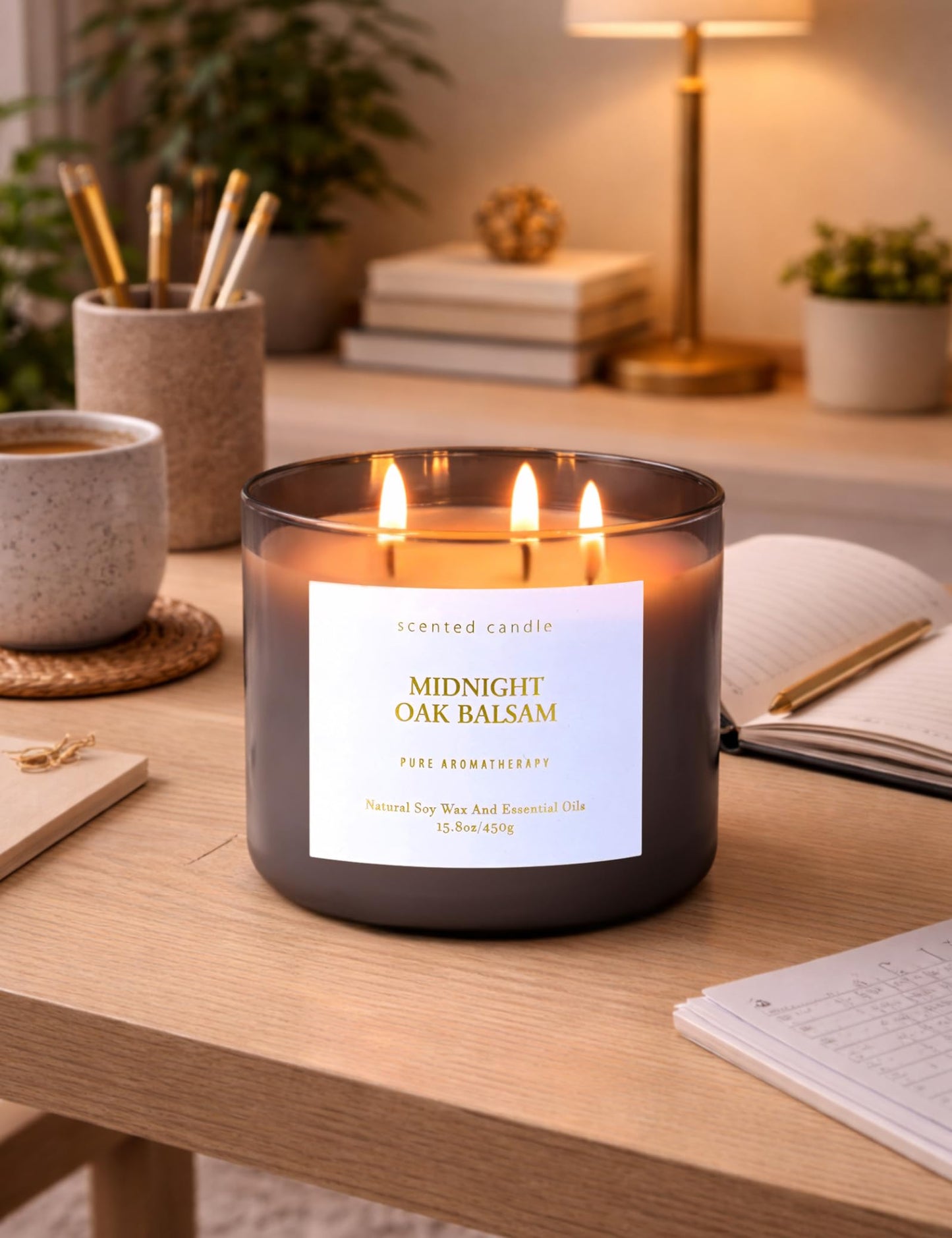 Midnight Oak Balsam 3-Wick Scented Candle | 15.8 oz Large Balsam Cedar Woodsy Soy Wax Candle for Home | Forest Calming Scented Candle | Clean Burning, Long Lasting | Candle Gift for Men & Women