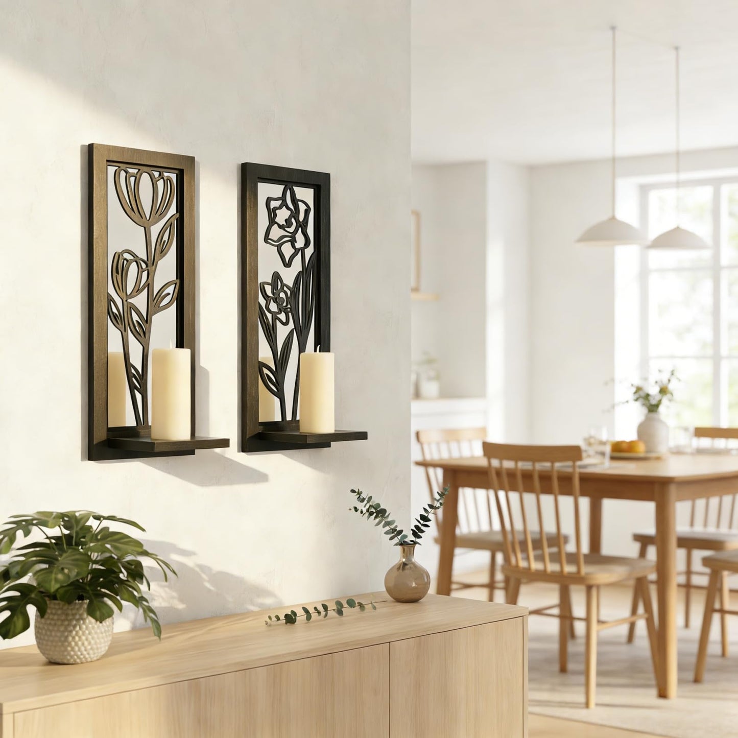 ZEXUIRU 2 Set Rustic Candle Sconces Living Room Bedroom Entryway Wood Mirrored, Farmhouse, Carved Frame Wall-Mount Wooden Candle Holders Wall Decor Hanging Handmade Holder - Black
