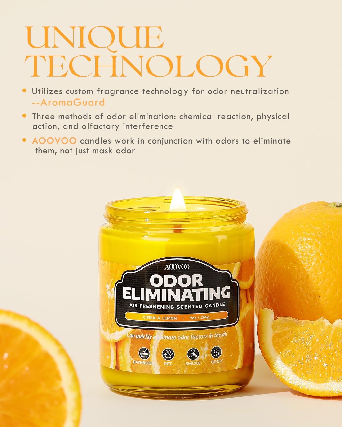 AOOVOO 4 Pack Citrus Lemon Odor Eliminating Highly Fragranced Candle Set - Eliminates 95% of Pet, Smoke, Food, and Other Smells Quickly, Non Toxic Air Freshing Soy Candle