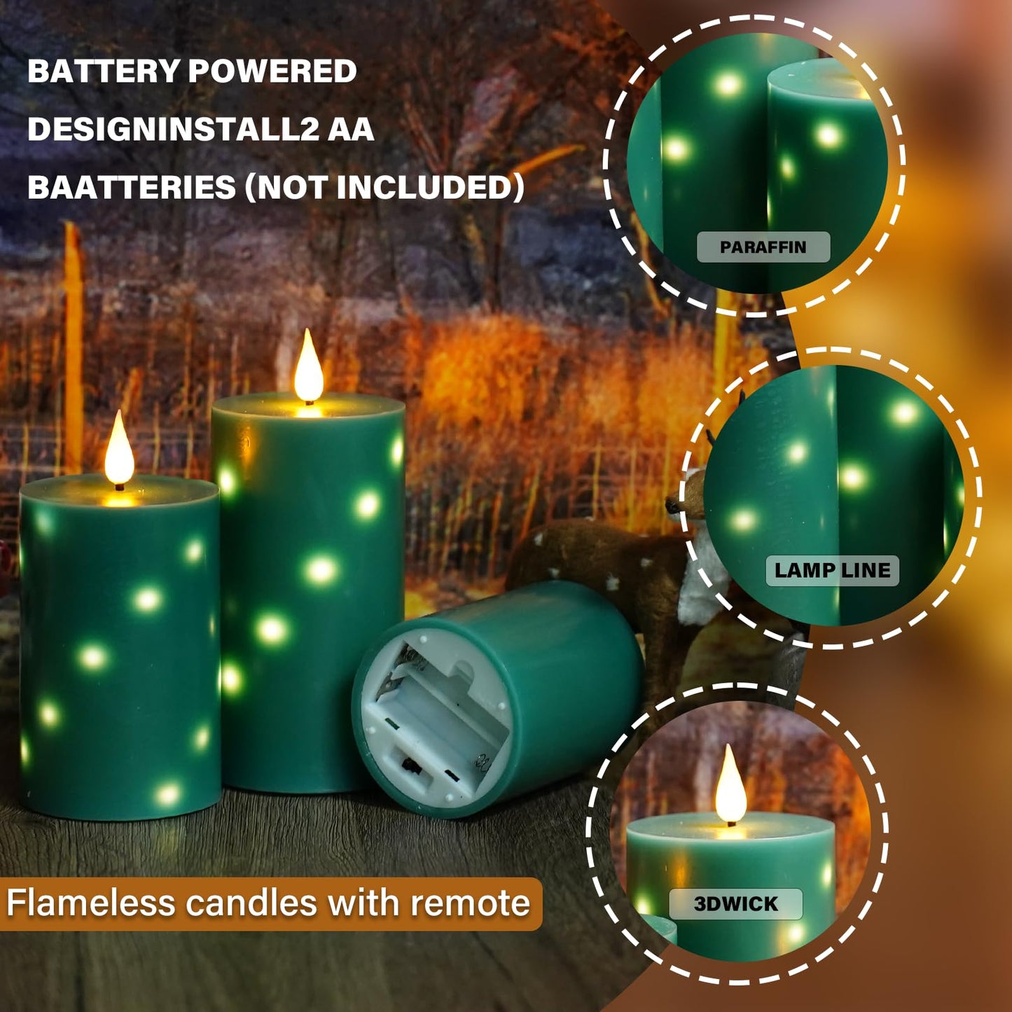 JINYANIA Flameless Candles with Embedded Star String, Real Wax Battery Operated Candles with Remote Timer, Flickering Pillar LED Candle Set for Home Decor Romantic Ambiance （Green）