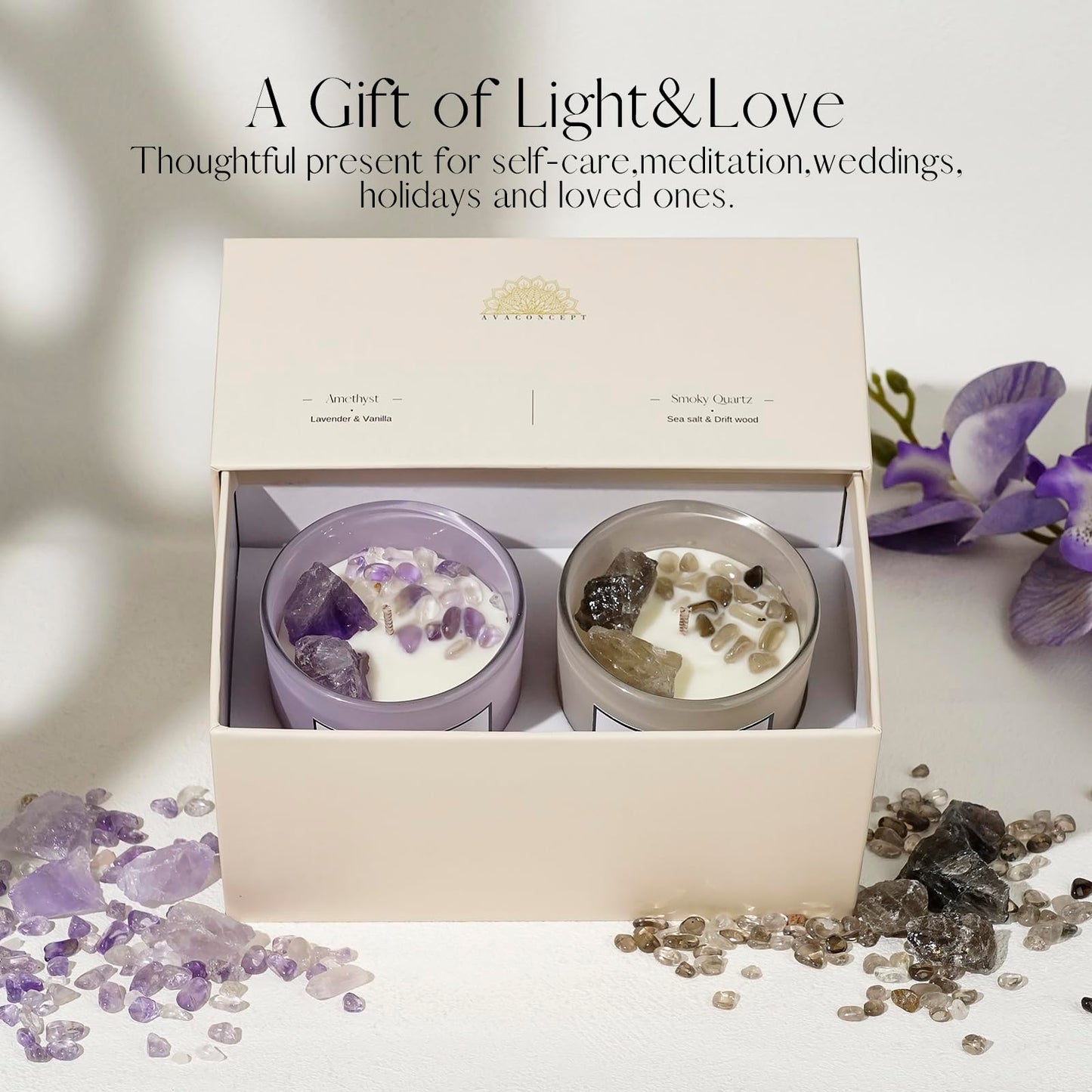AvaConcept Healing Crystal Candle Gift Set – Amethyst & Smoky Quartz | Hand-Poured Soy Wax Candles Lavender Vanilla & Sea Salt Driftwood Aromatherapy Natural Crystals Infused Set of 2/5.3oz Each