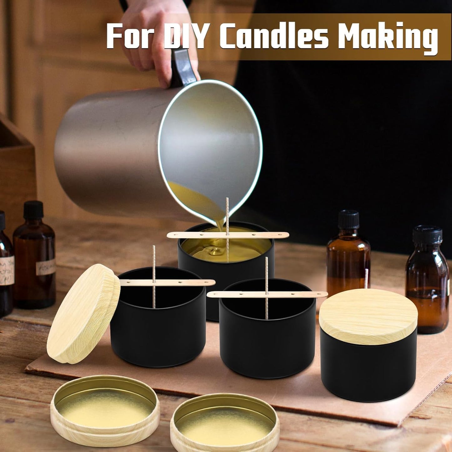 YJHSS 12-Pack Candle Jars, 8oz Candle Tins with Metal Wood-Grain Printing Lids, Empty Metal Candle Jars for Making Candles Bulk Candle Containers -Black