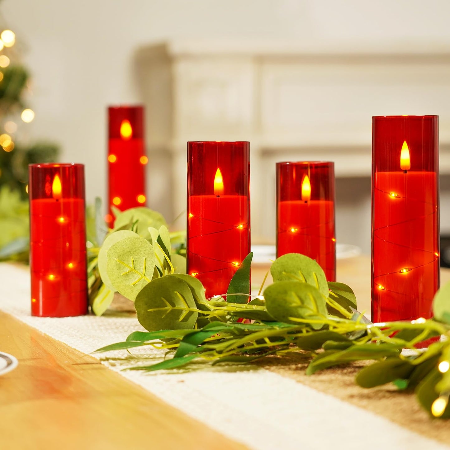 Homemory Acrylic Flameless Candles with Embedded Star String Fairy Lights, Battery Operated, LED Candles, Fake Candles with Remote Control and Timer, Red, Set of 5