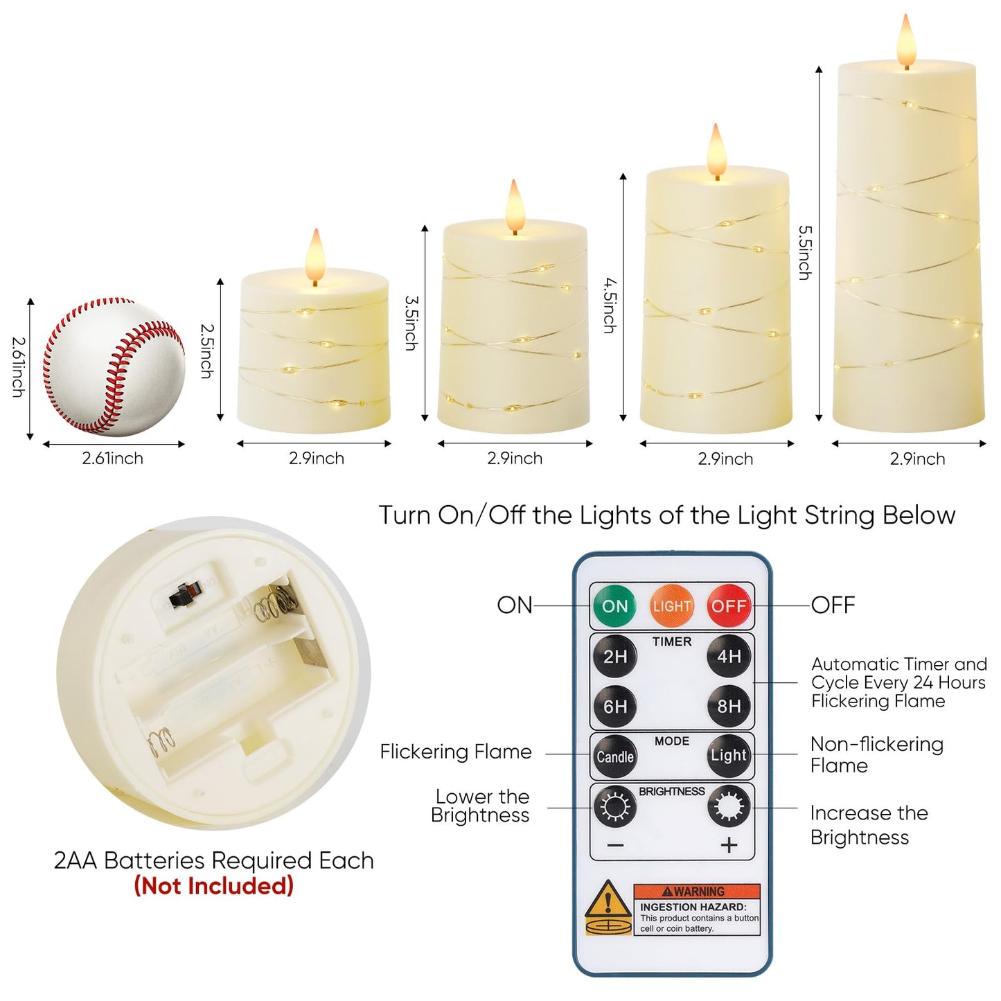 Raycare Flameless Candles with Remote Timer, Flickering Battery Operated LED Pillar Fake Candle with String Lights for Home Decor, Christmas, Wedding and Gift, Ivory, Set of 5