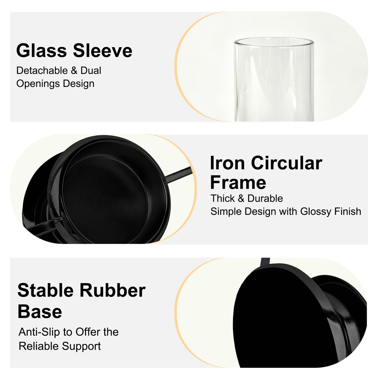 HiSnug Hurricane Candle Holders Set - Circular Metal Candlestick Holders with Glass Sleeve, 2PCS Simple Decorative Candleholder for Dining Table Centerpiece Shelf Home Decor, 2PCS, L+L, Black