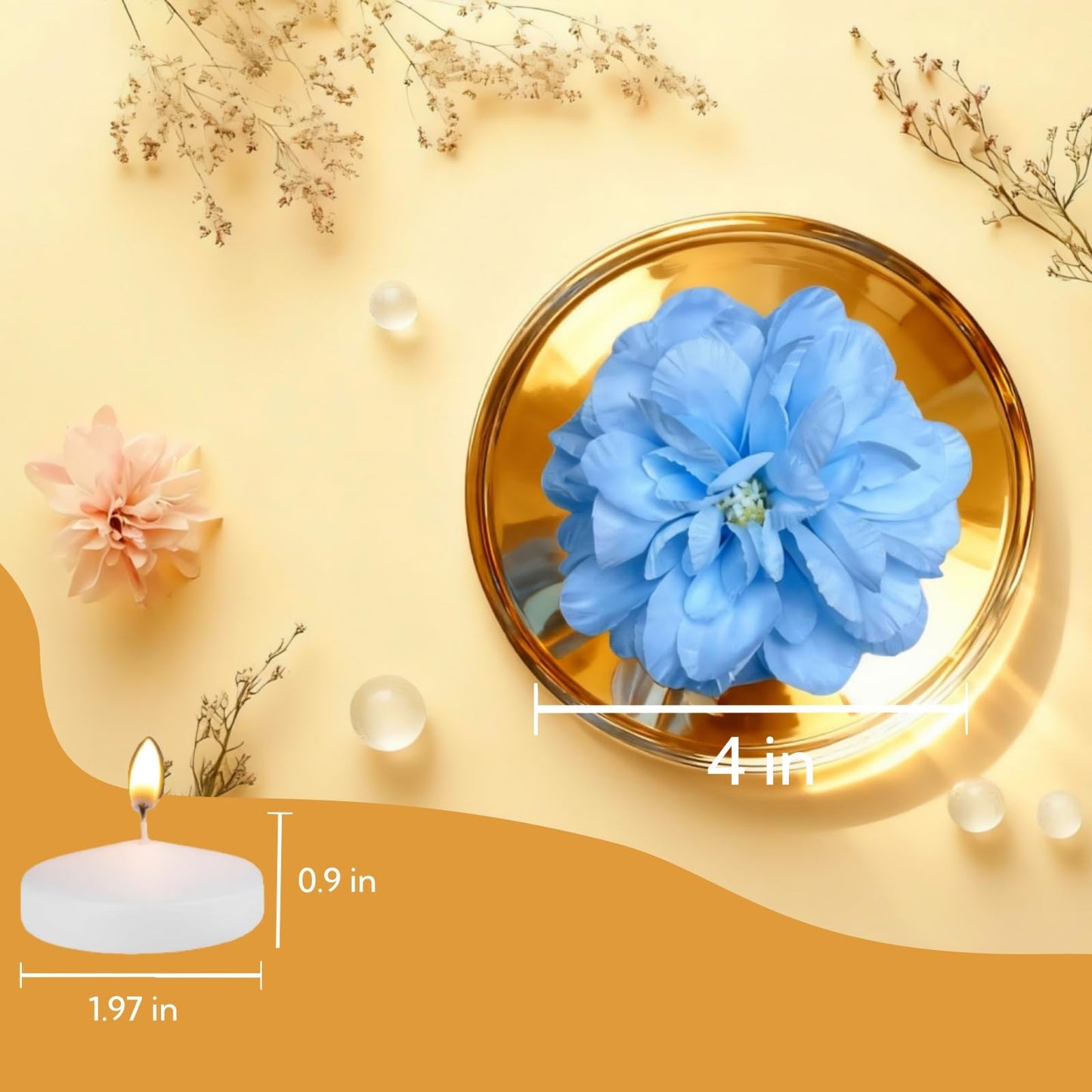 UDU 24 Pcs Floating Candles for Centerpieces and Floating Flowers for Centerpieces Artificial Flower Head for Home Birthday Wedding Party Table Decor Blue
