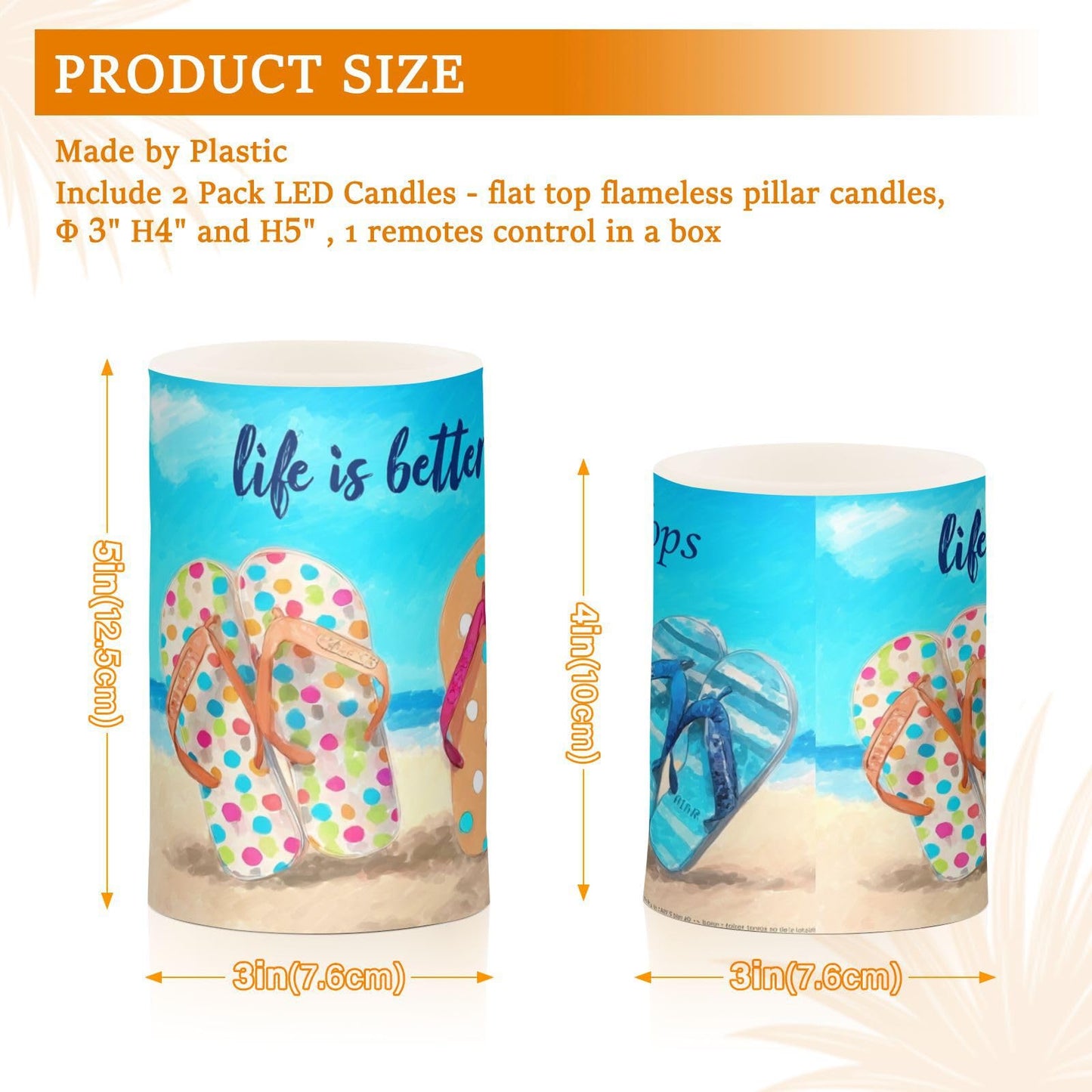 Kcldeci LED Flameless Candles Battery Operated with Remote and Timer, Flip Flop Beach Realistic Flickering Flameless Candles Led Pillar Candles, Set of 2