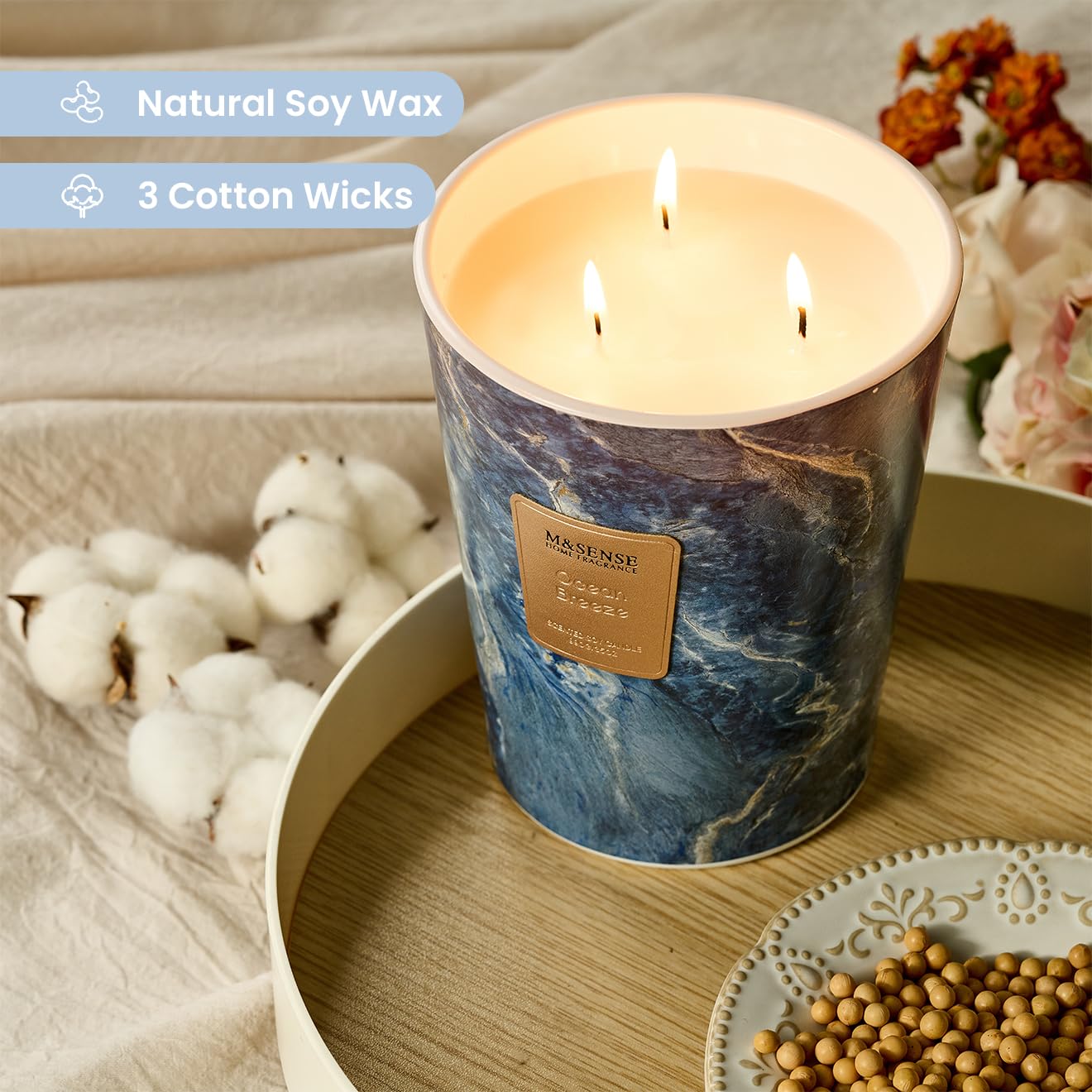 M&SENSE Ocean Breeze Summer Scented Candles for Home, 3-Wick Highly Scented Jar Candles, 35 Oz 150 Hours Long Lasting Burning Candles Gifts for Women, Relaxing Aromatherapy Candle for Stress Relief