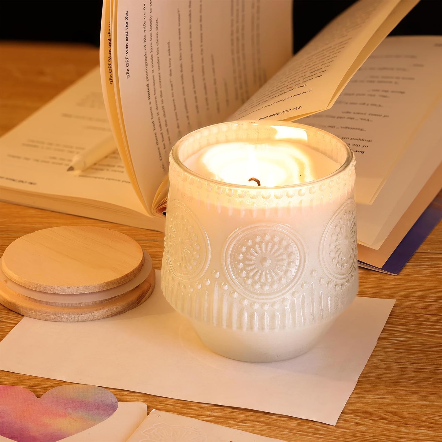 LAMORGIFT 6 Pack Milky White Candle Jars for Making Candles- Large 13.5oz Glass Jars with Wooden Lids and Labels, Empty Candle Jars, Candle Containers Vessels for Candle Making Supplies