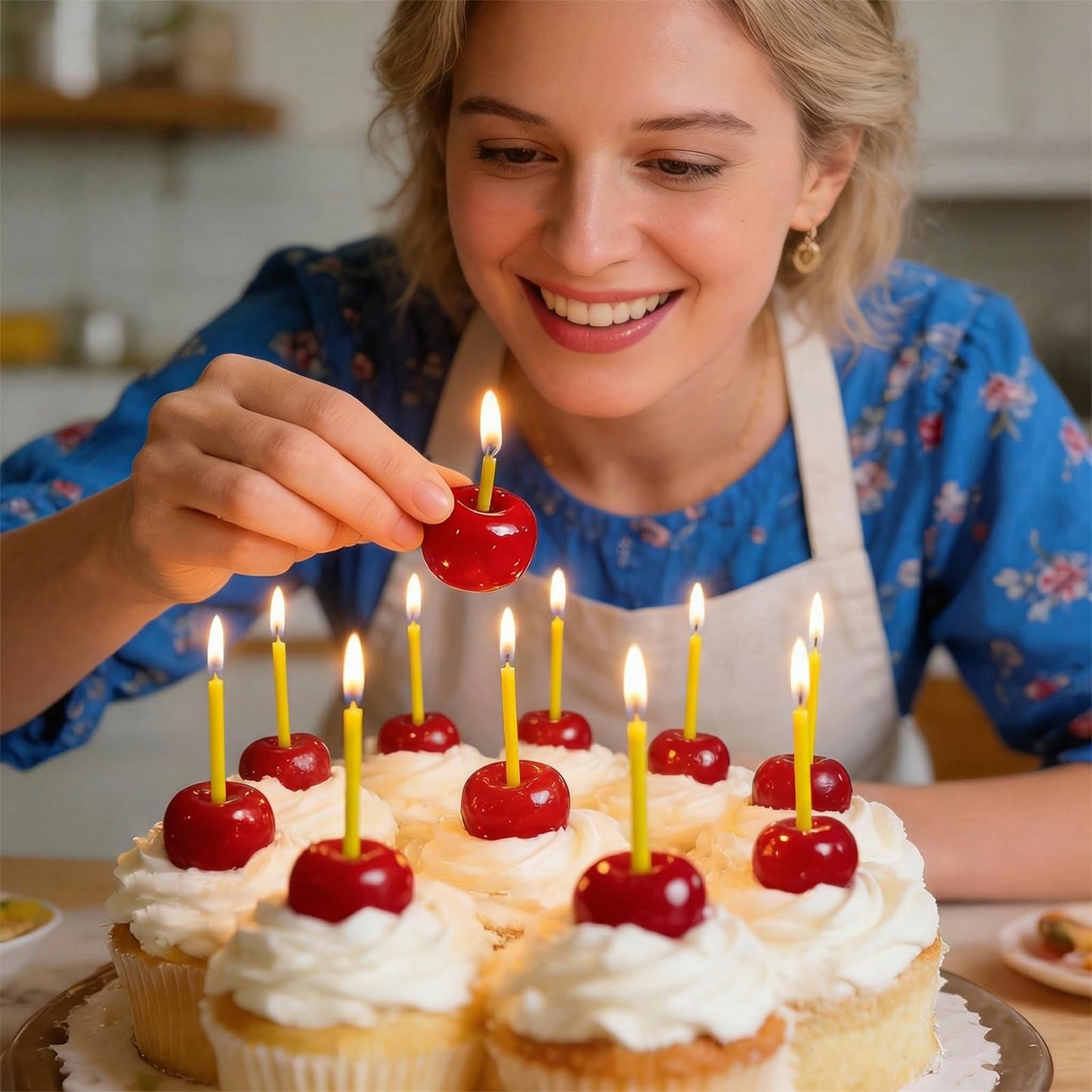 12 Pcs Cherry Birthday Candles Decorations, Handmade Beeswax Cake Candle with Cotton Wicks, Cute Red Fruit-Shaped Candles for Party, Wedding, Cupcakes & Celebrations