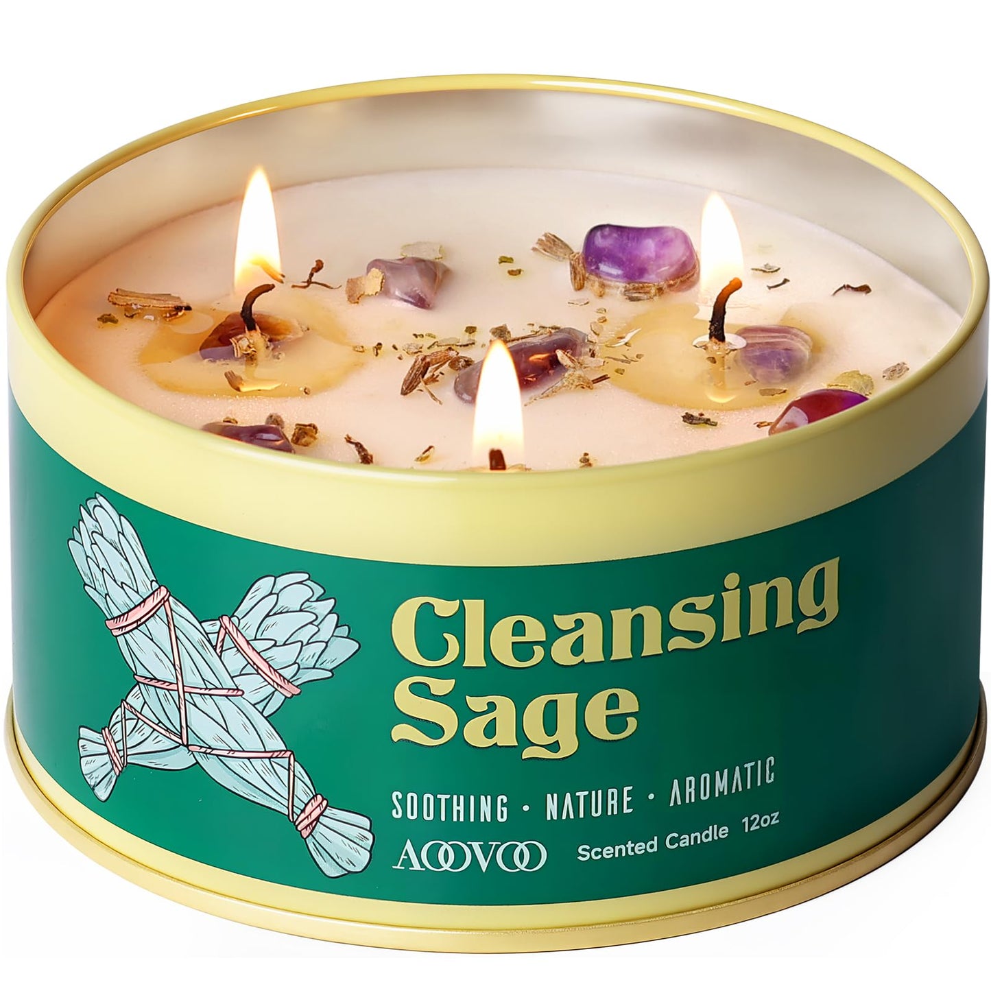 AOOVOO Sage Candle for Cleansing - 3 Wick 12oz Large Scented Candle with Crystals & Sage Leaves Inside, Soy Candles Non Toxic for Meditation Spiritual Gift, Aromatherapy Candle for Women Men