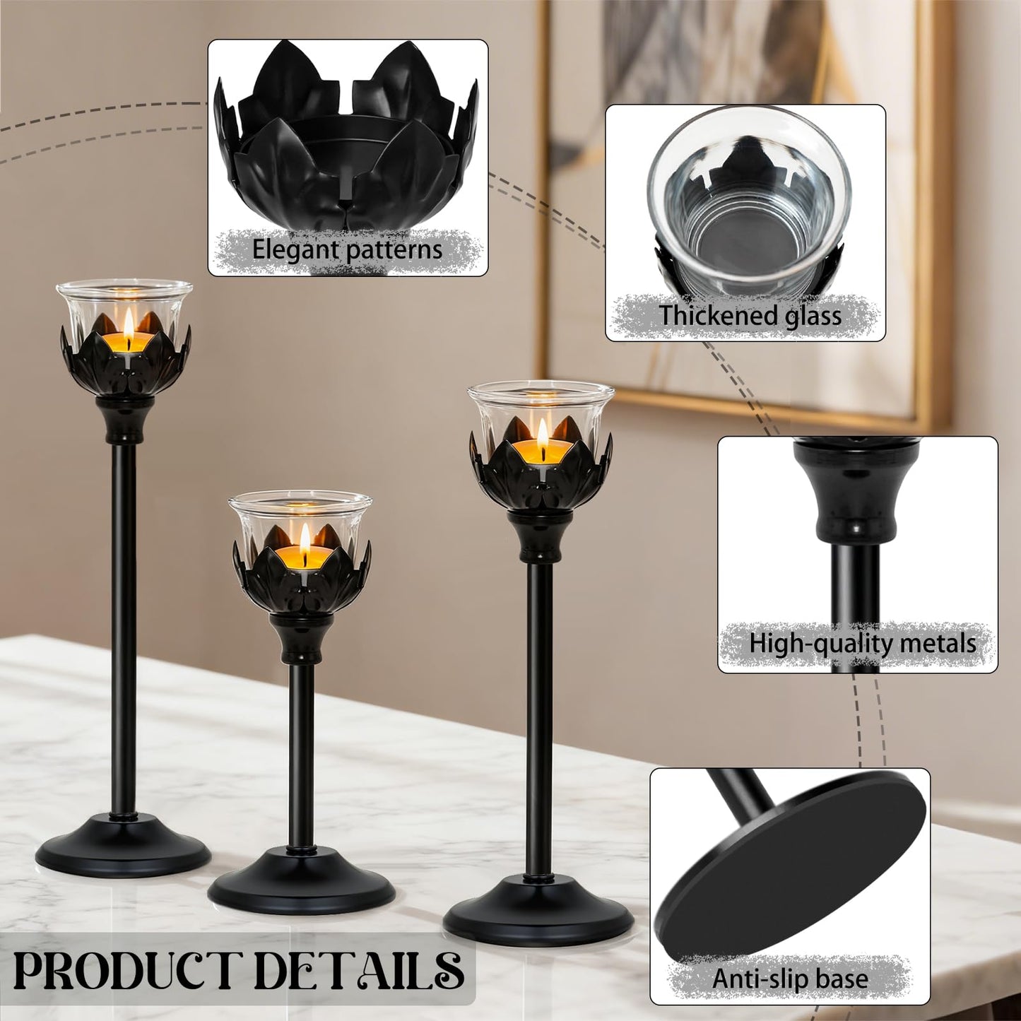 Set of 3 Metal Tea Light Candle Holder with 3 Glass Cups, 12/10/8 Inch Elegant Tealight Candelabra Centerpiece for Wedding Table Decor, Tiered Home Party Decoration (3, Black)