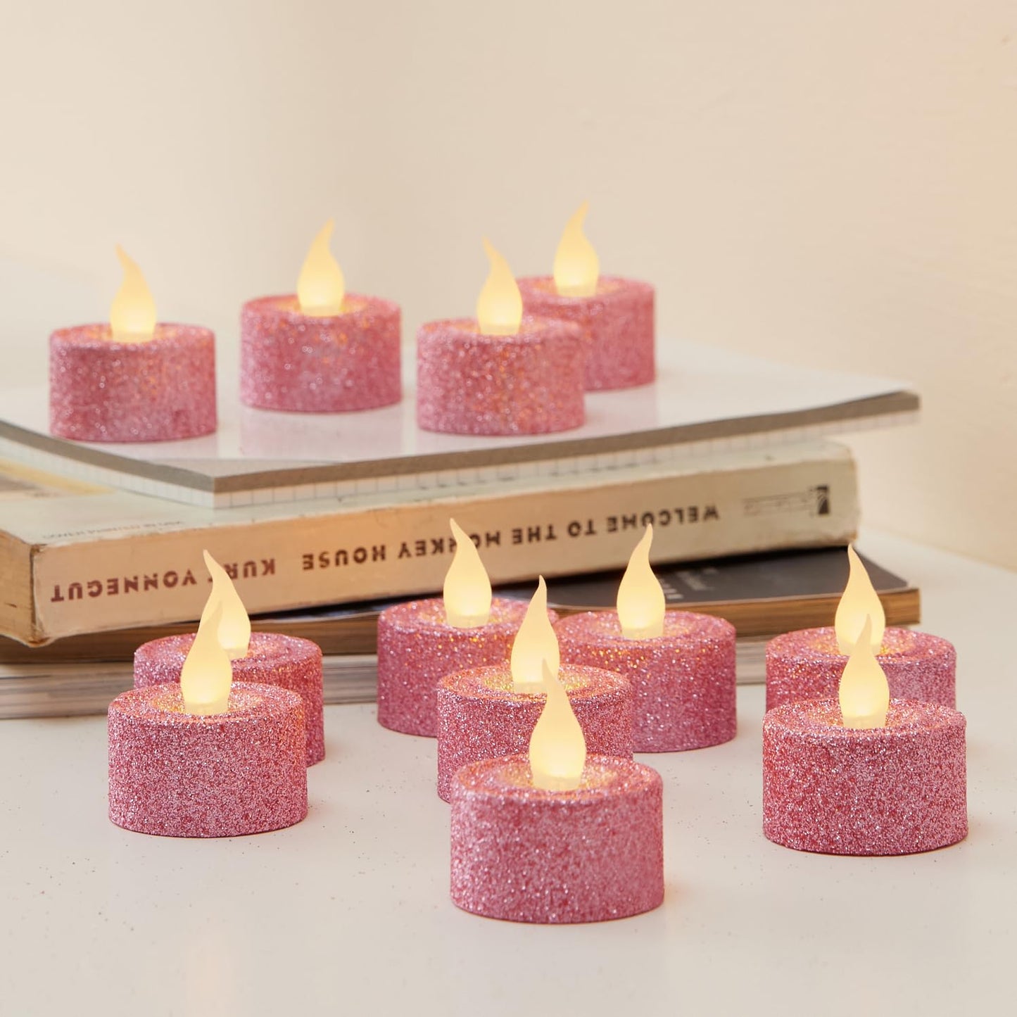 FURORA LIGHTING Pink Glitter Flameless Tealights - 1.45" W x 1.57" H, 12-Pack, Batteries Included
